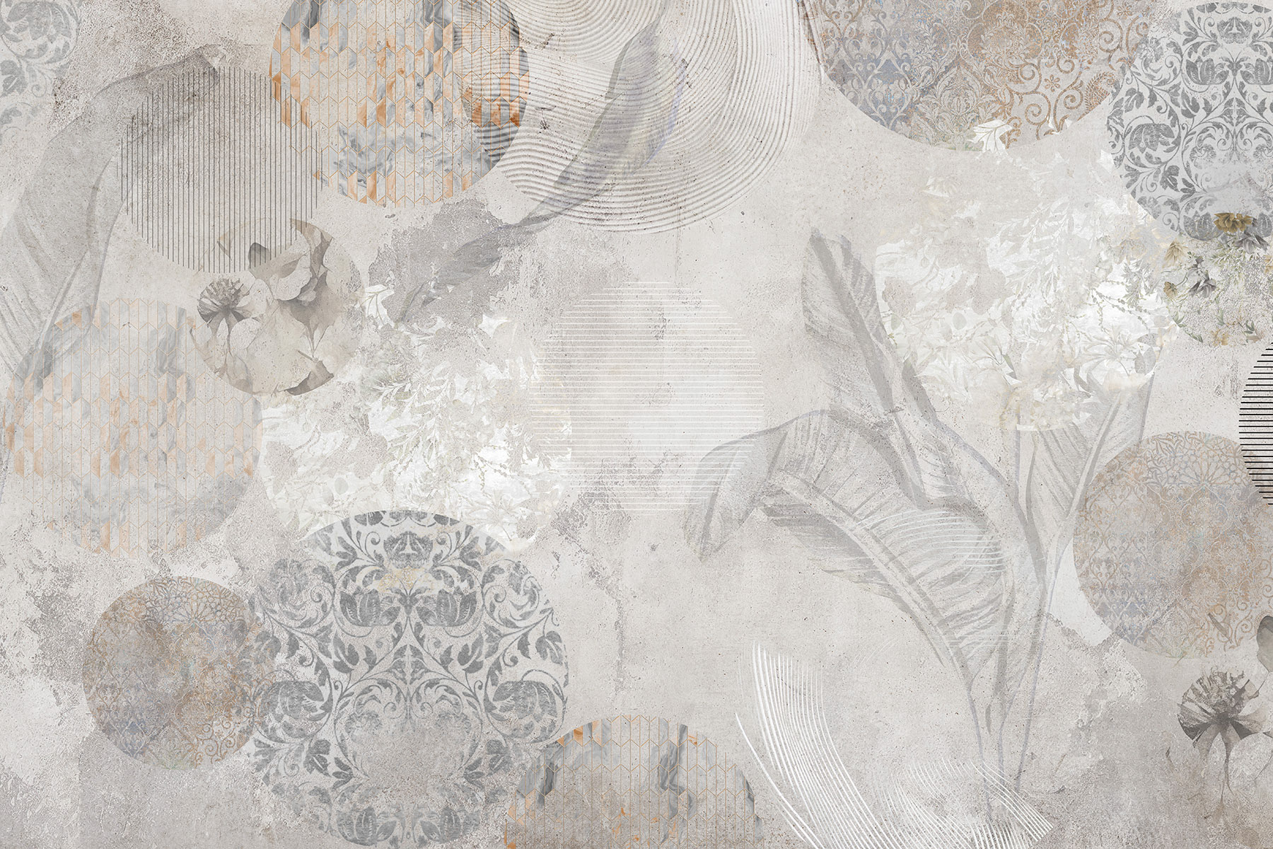 Abstract wallpaper Lorenso Cruzzo with circular patterns and botanical details in muted colors, luxury vinyl wallcovering.