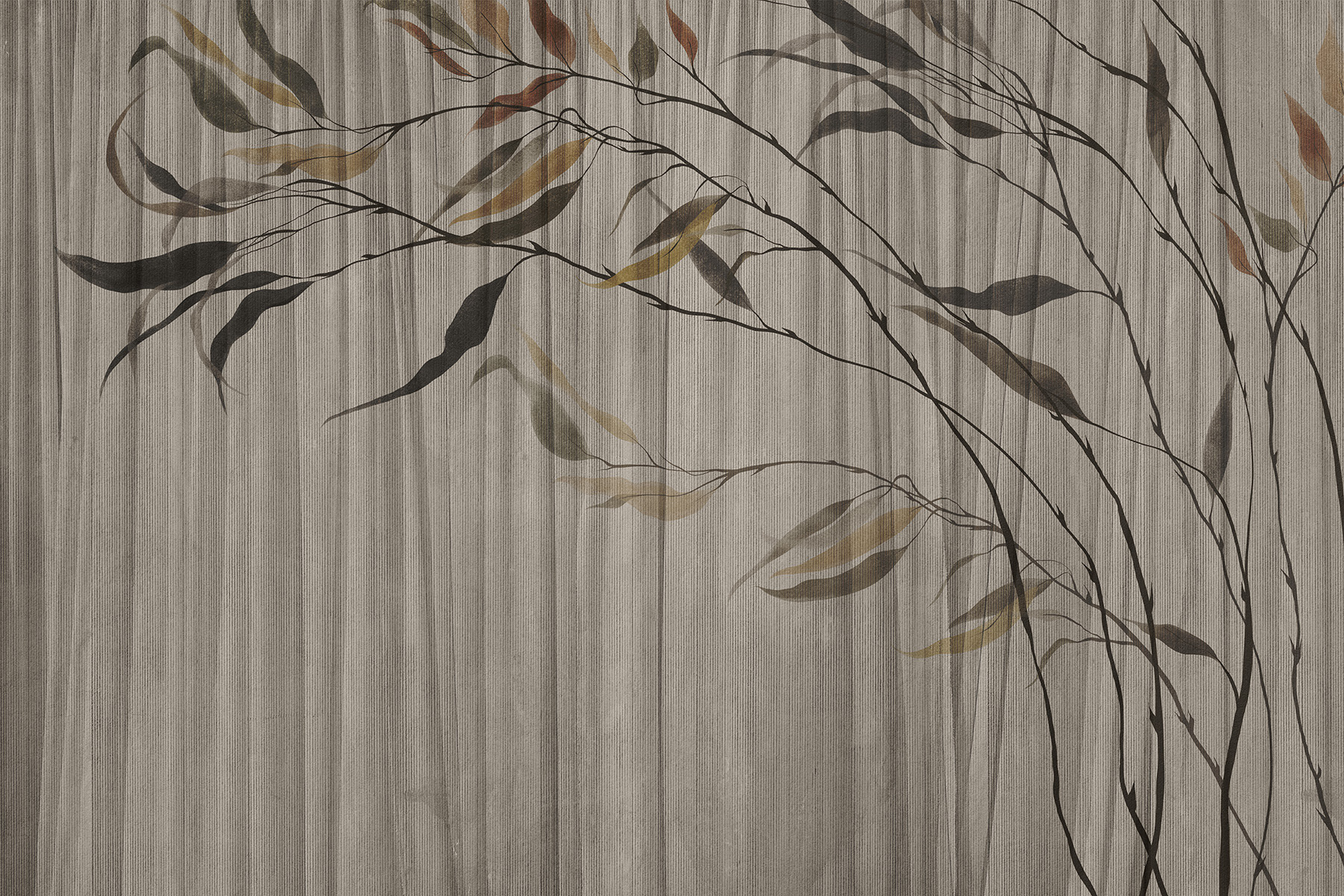 Lorenso Sway wallpaper with fine branch and leaf design on a vertically textured background.