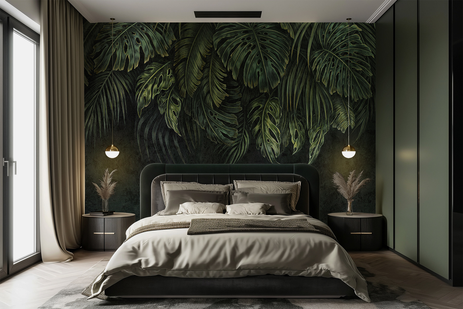 Botanical wallpaper Lorenso Botany with realistic monstera leaves on a deep green background, designer wallcovering.