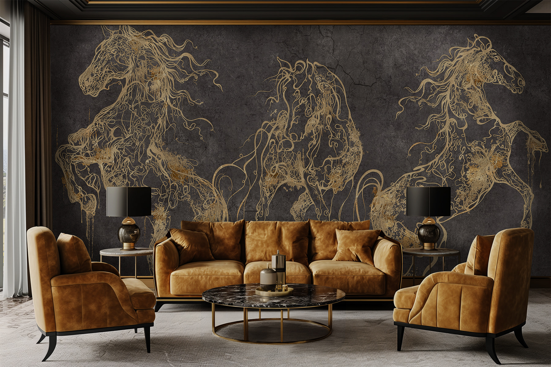 Dramatic wallpaper Lorenso Cavallo with golden horses on a dark textured background, artistic luxury wall mural.