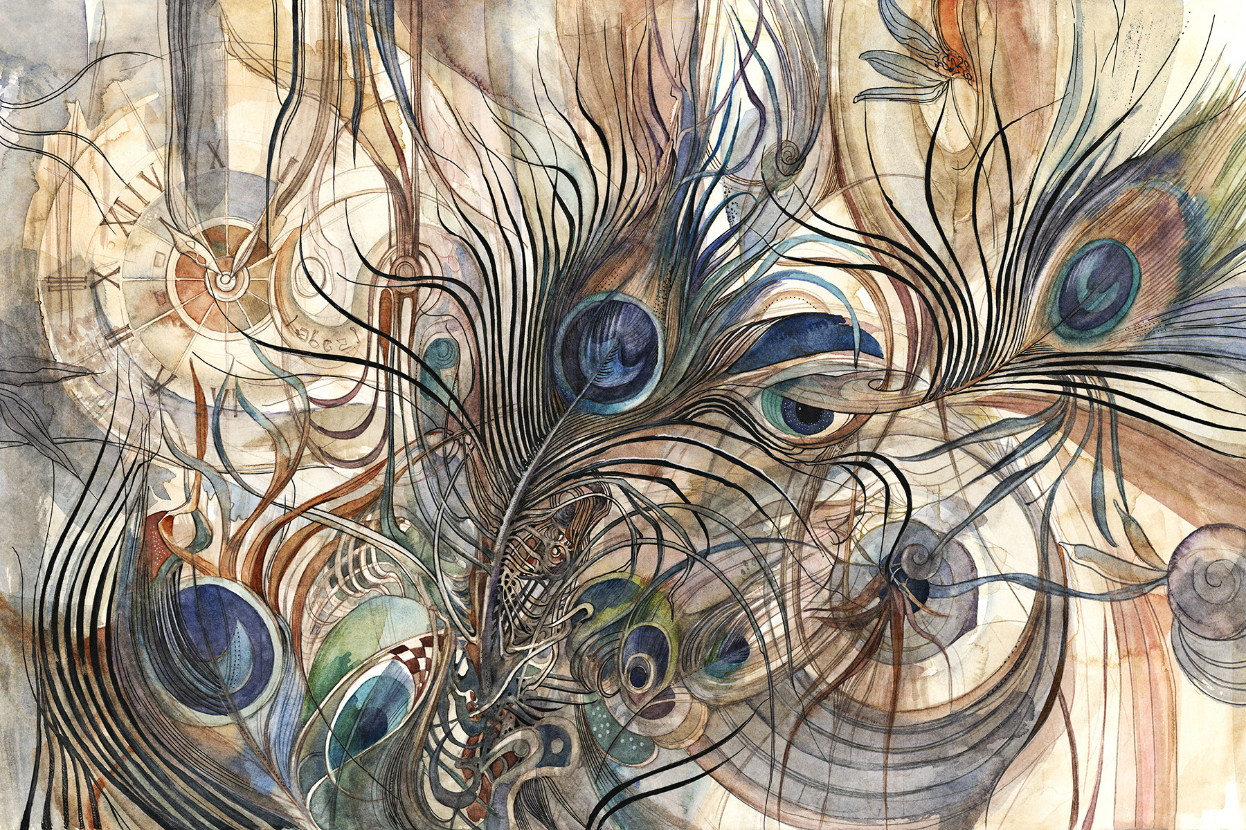 Original wallpaper Lorenso Pavon with detailed peacock feather pattern, artistic wall design for living spaces.