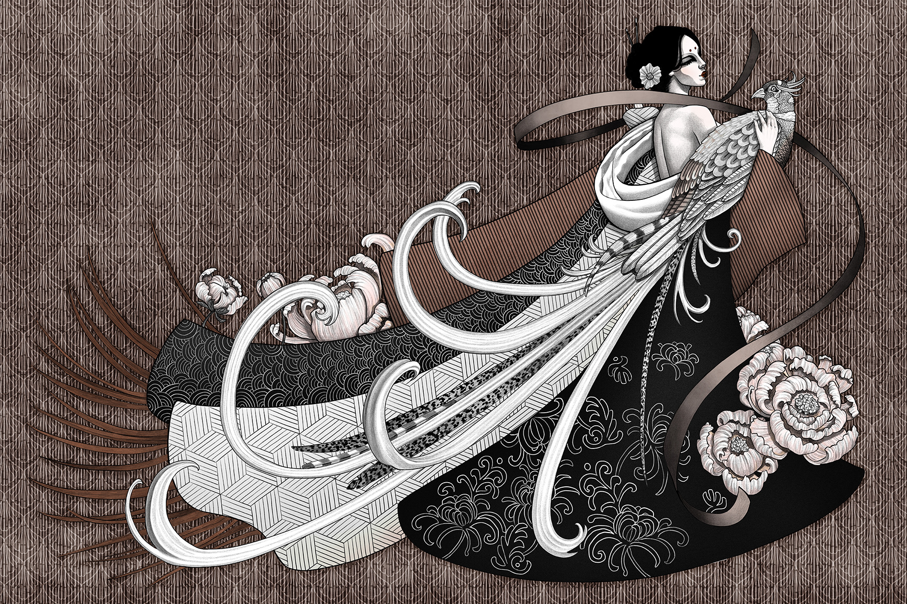 Art-inspired wallpaper Lorenso Hanzi depicting an elegant woman with floral details, luxury wallcovering for interiors.