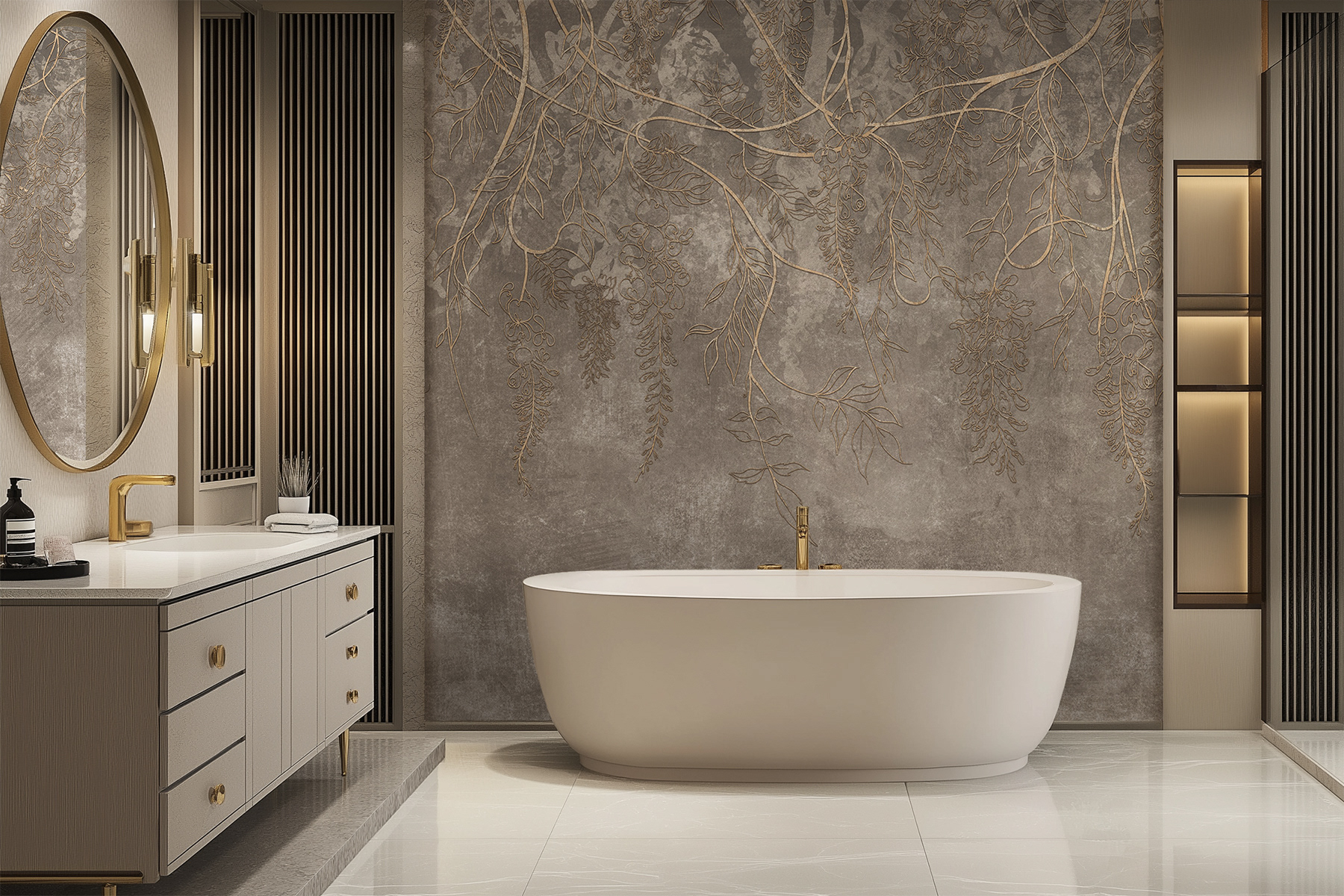 Lorenso Lumora wallpaper in a bathroom with a freestanding bathtub, moisture‑resistant design.