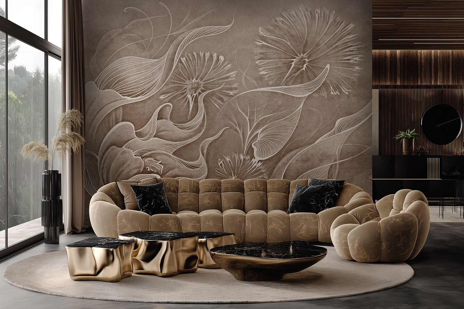 Elegant wallpaper Lorenso Seedelia with delicate floral relief in soft natural tones, original artistic wall design.