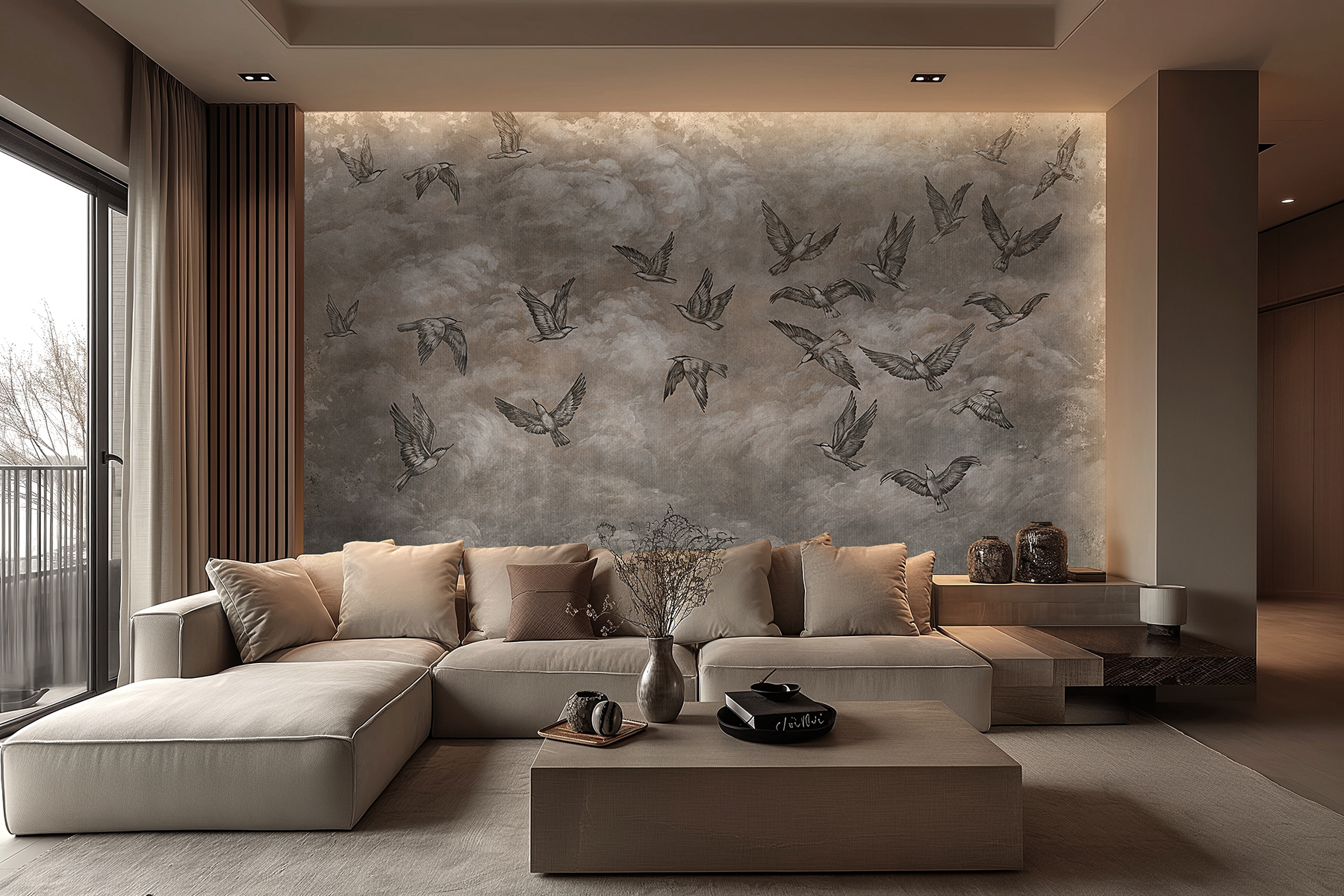 Decorative wallpaper Lorenso Avian featuring a flock of birds in a cloudy sky, artist-designed wall mural.