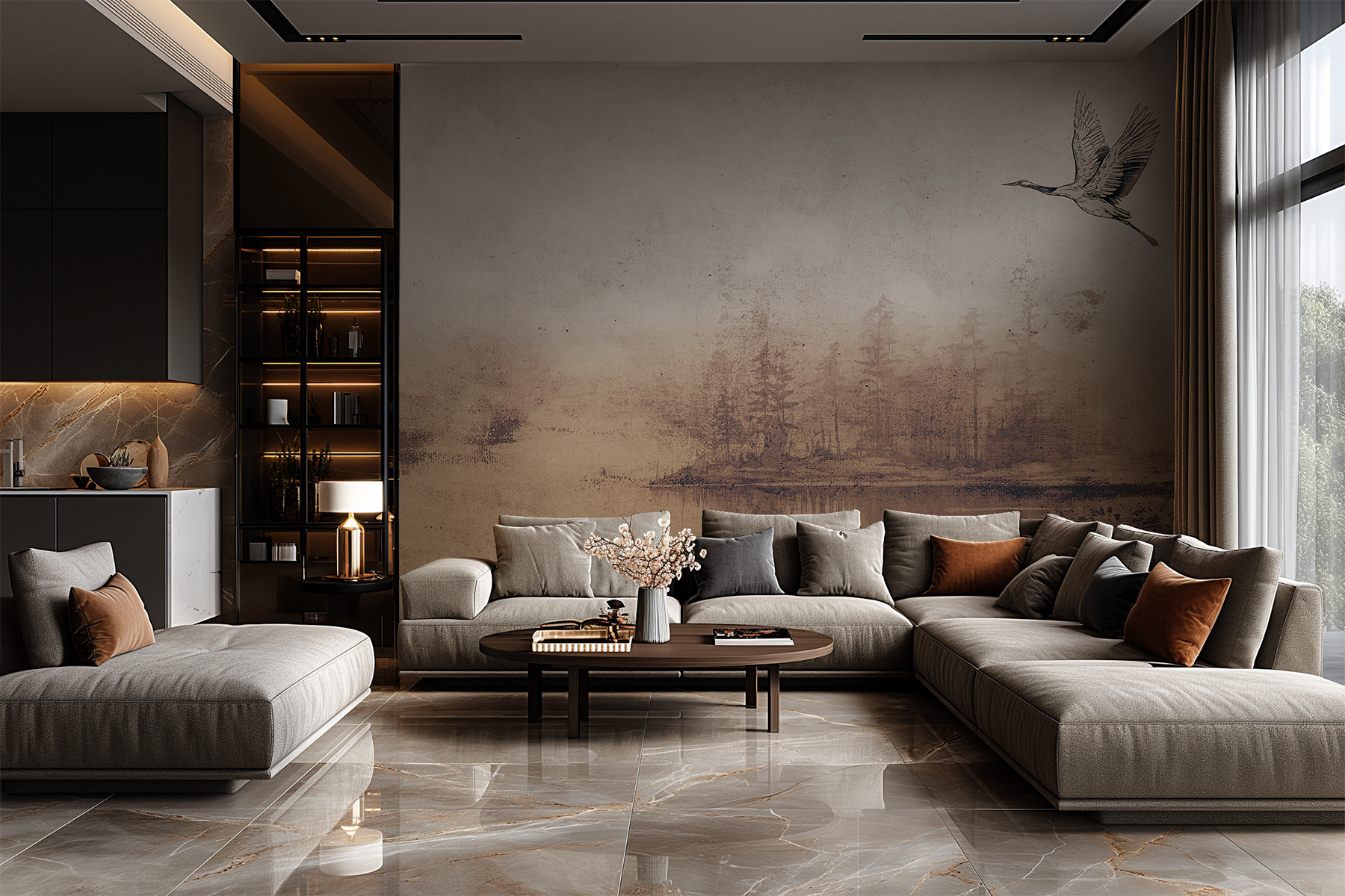 Original wallpaper Lorenso Pavon with detailed peacock feather pattern, artistic wall design for living spaces.