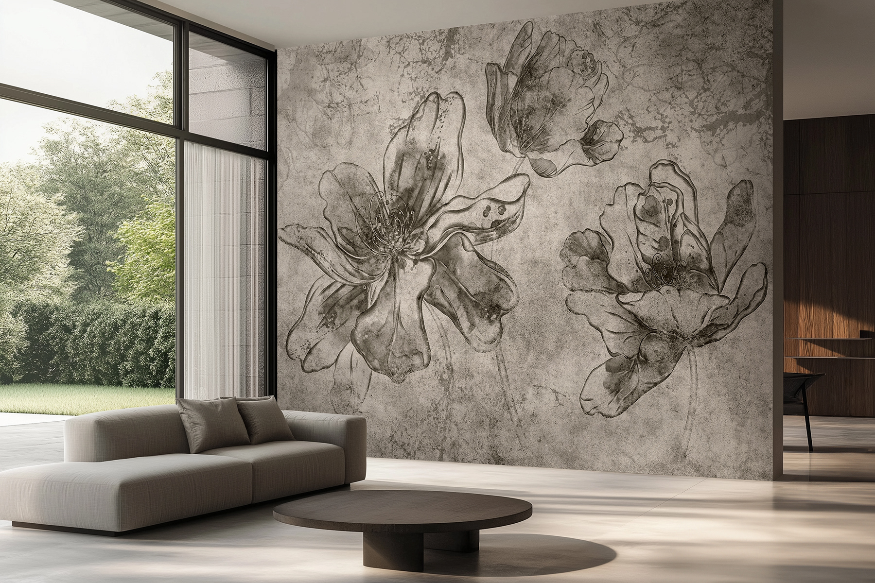 Lorenso Rosy wallpaper with a floral motif in a modern living room.