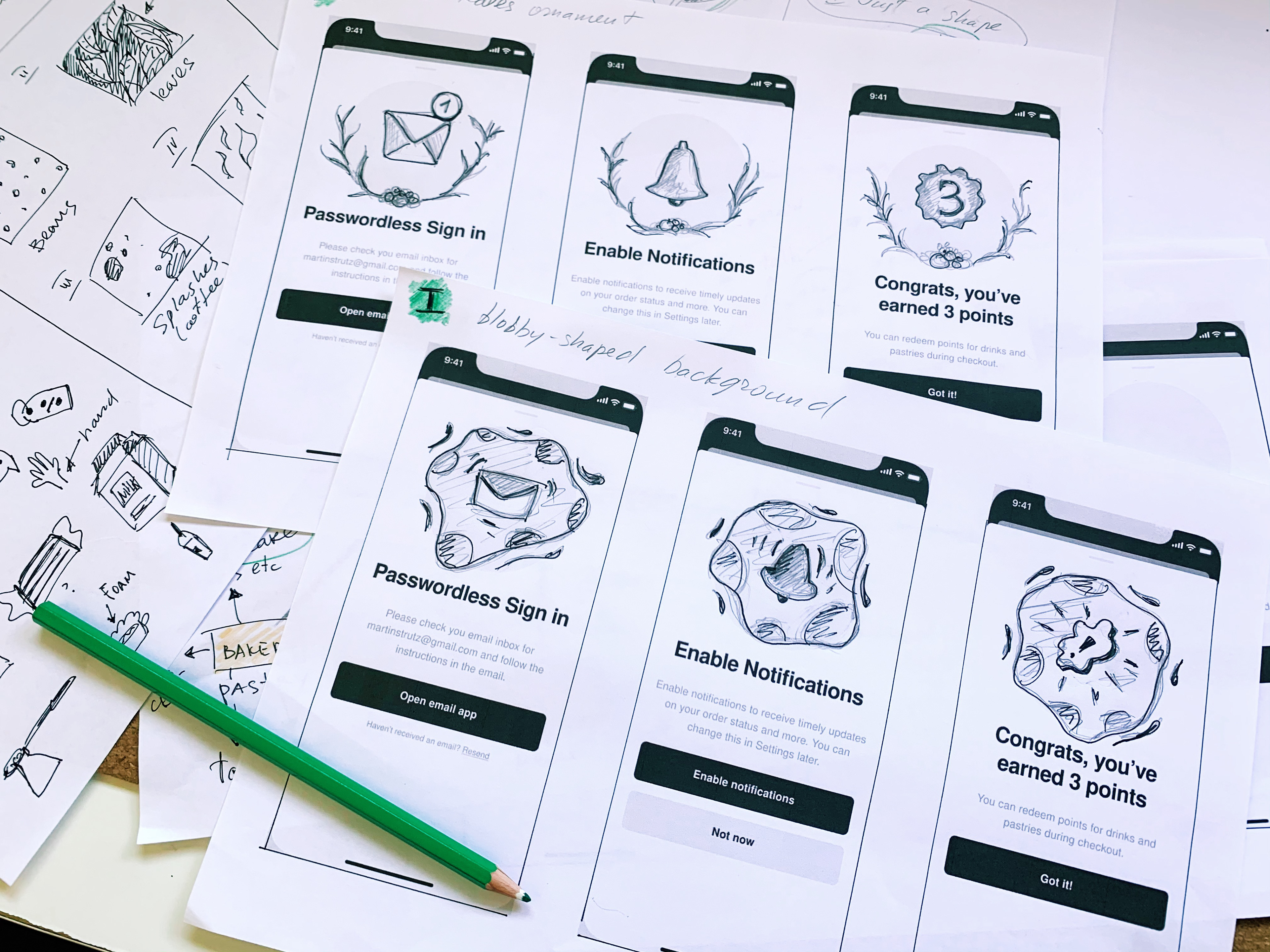 Illustration sketches for mobile app