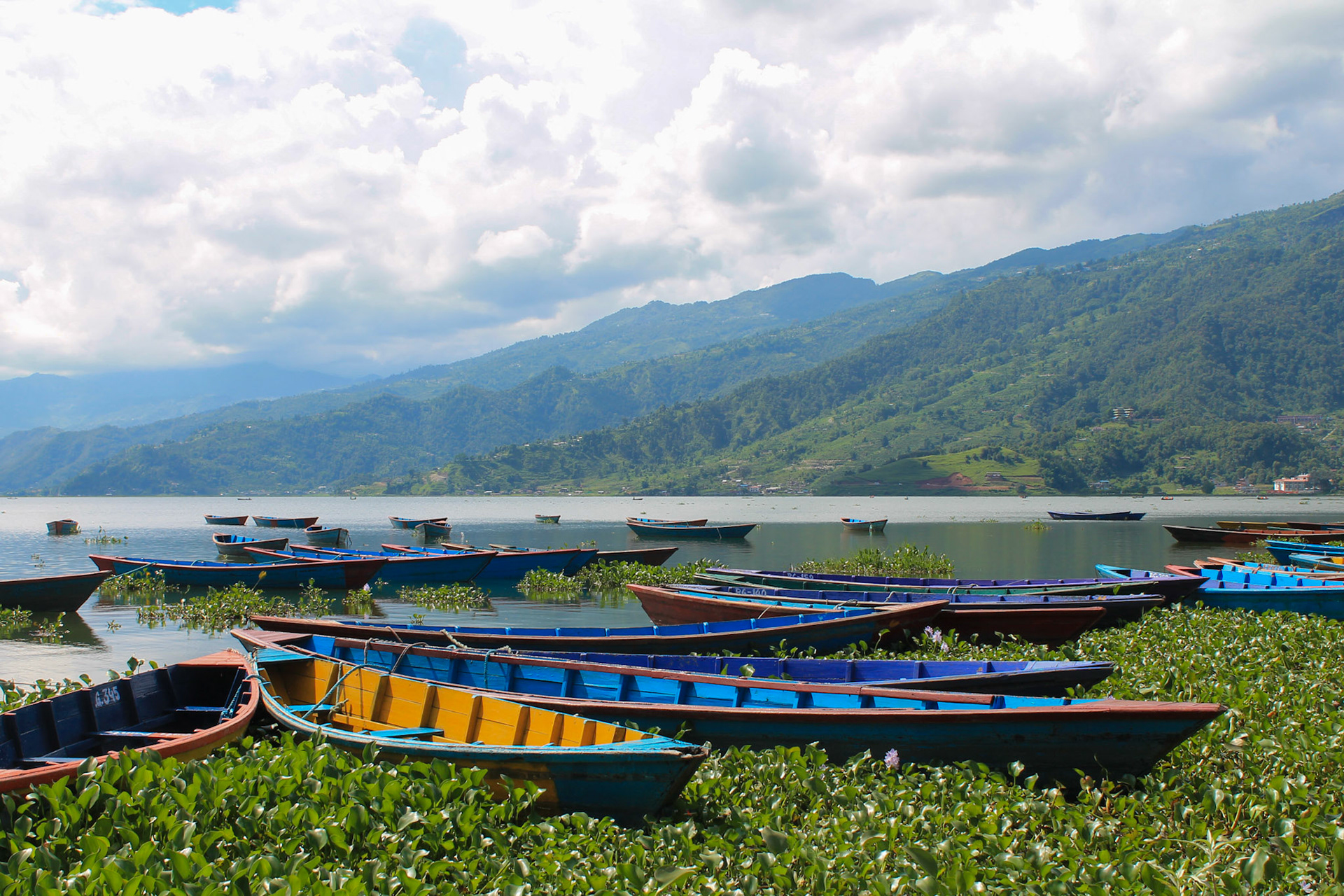Lake view with the Himalayas hidden in the clouds, Pokhara