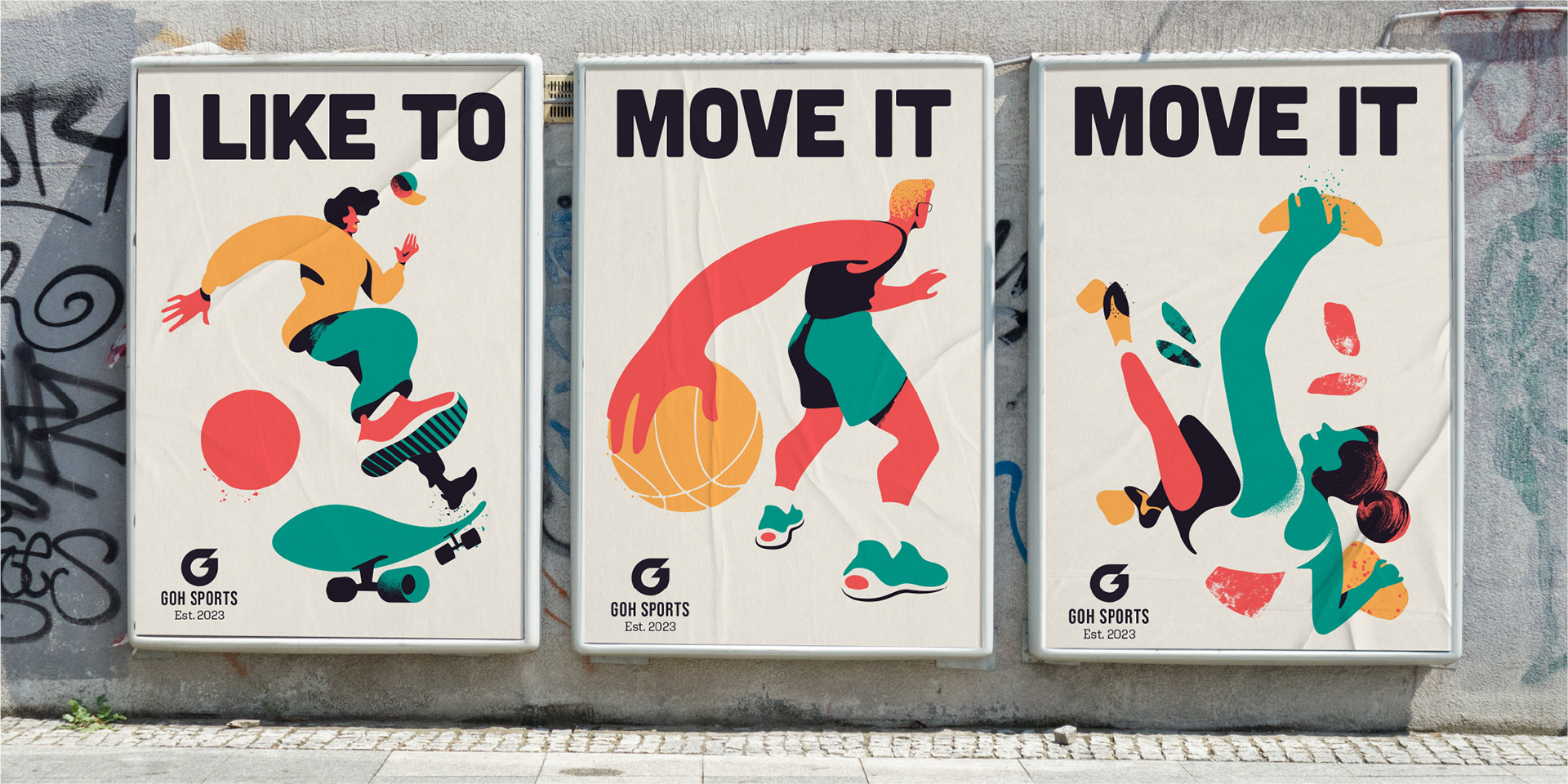Three billboards showing colorful and playful illustrated characters engaged in various sports.