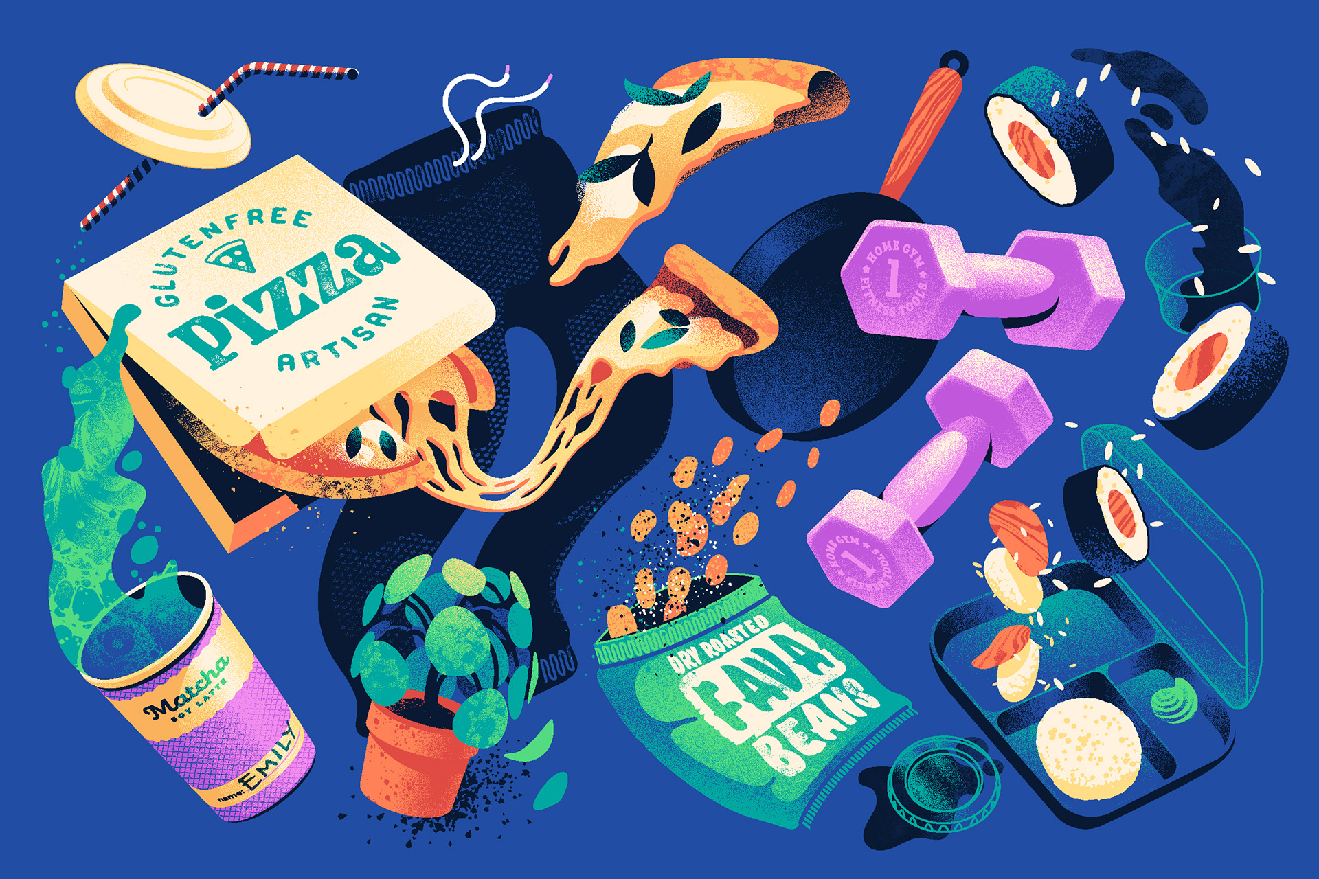 Retro flavoured vector illustration in bold colors showing food stuffs, clothing and training equipment floating in mid-air.