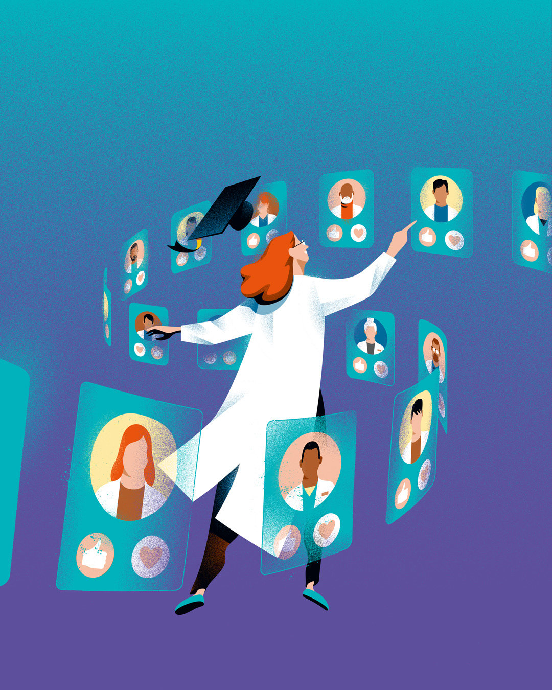 Woman with lab coat and graduation cap, floating mid-air in a swirl of stylized icons of possible employers to choose.