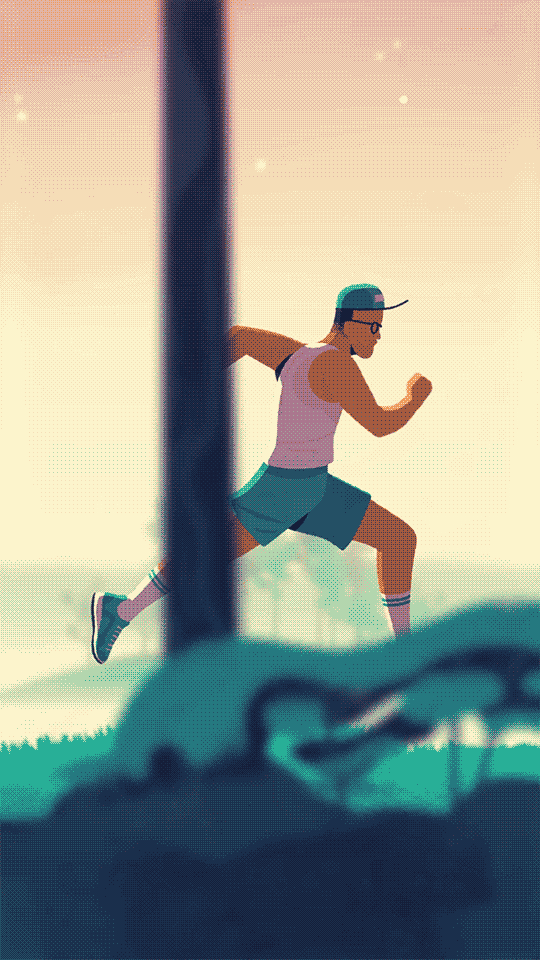 An illustrated gif loop of a character joyfully running with great bounce in his step, set in a tranquil forest environment.