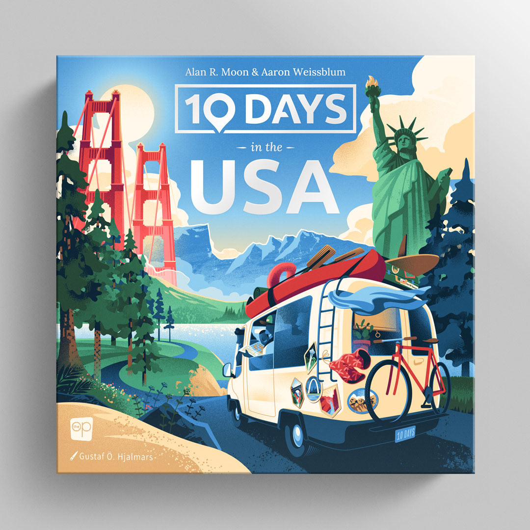 Retro themed illustrated box cover for 10 days in the USA, showing a van driving towards some classic sights at the horizon.