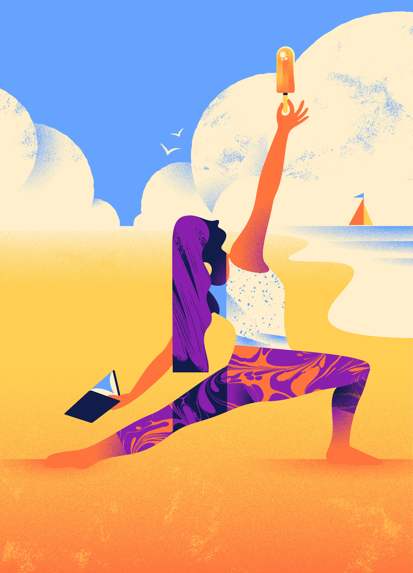 Stylized and colorful minimalistic illustration of a woman doing yoga on a beach, while holding a book and an ice cream