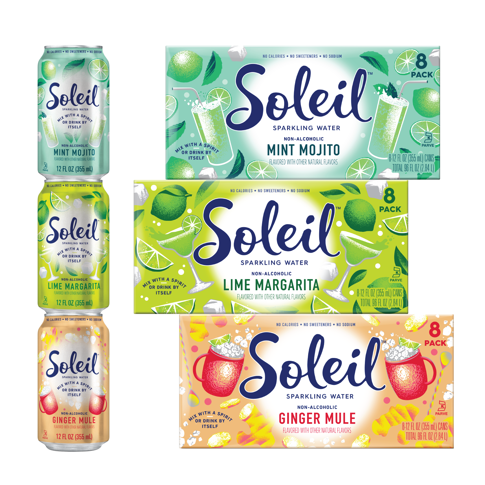 Colorful soda cans and packaging with illustrations of lime fruit, pieces of ginger and cocktail glasses.