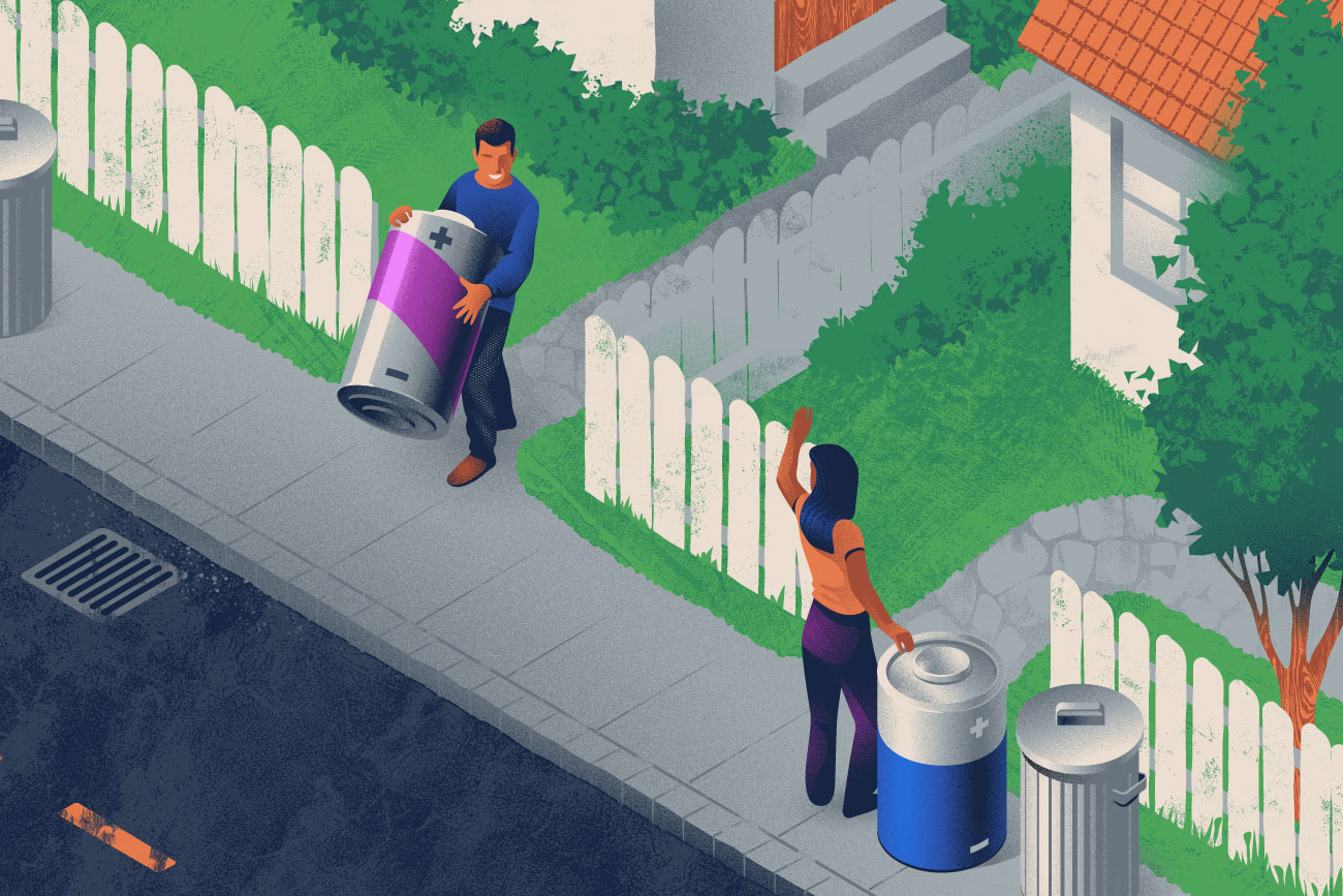 Two neighbours friendly greeting carrying out their garbage cans, the cans having the form of huge rechargeable batteries.