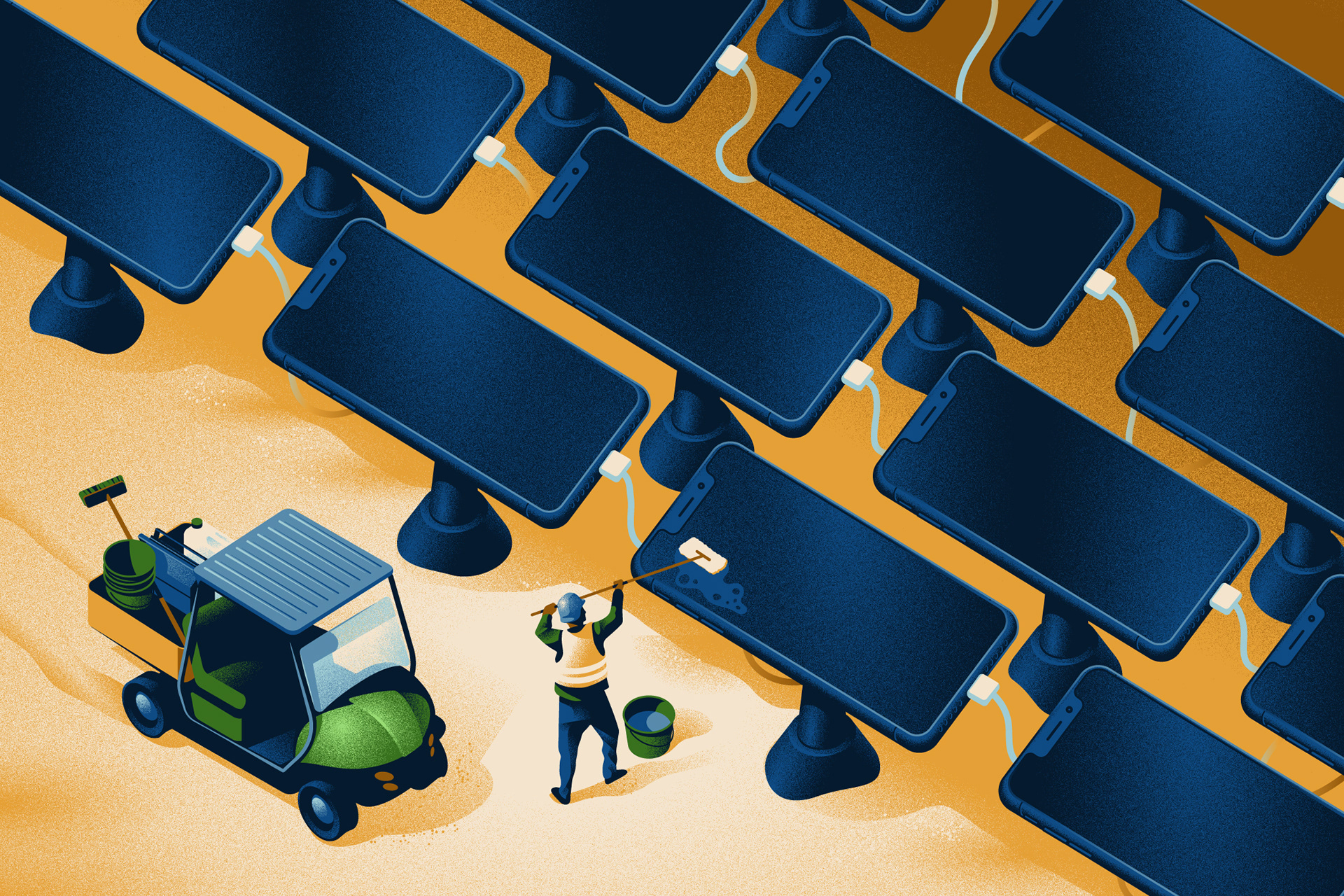 Illustration of a maintenance worker cleaning a row of gigantic iPhone screens, looking like the panels of a solar park.