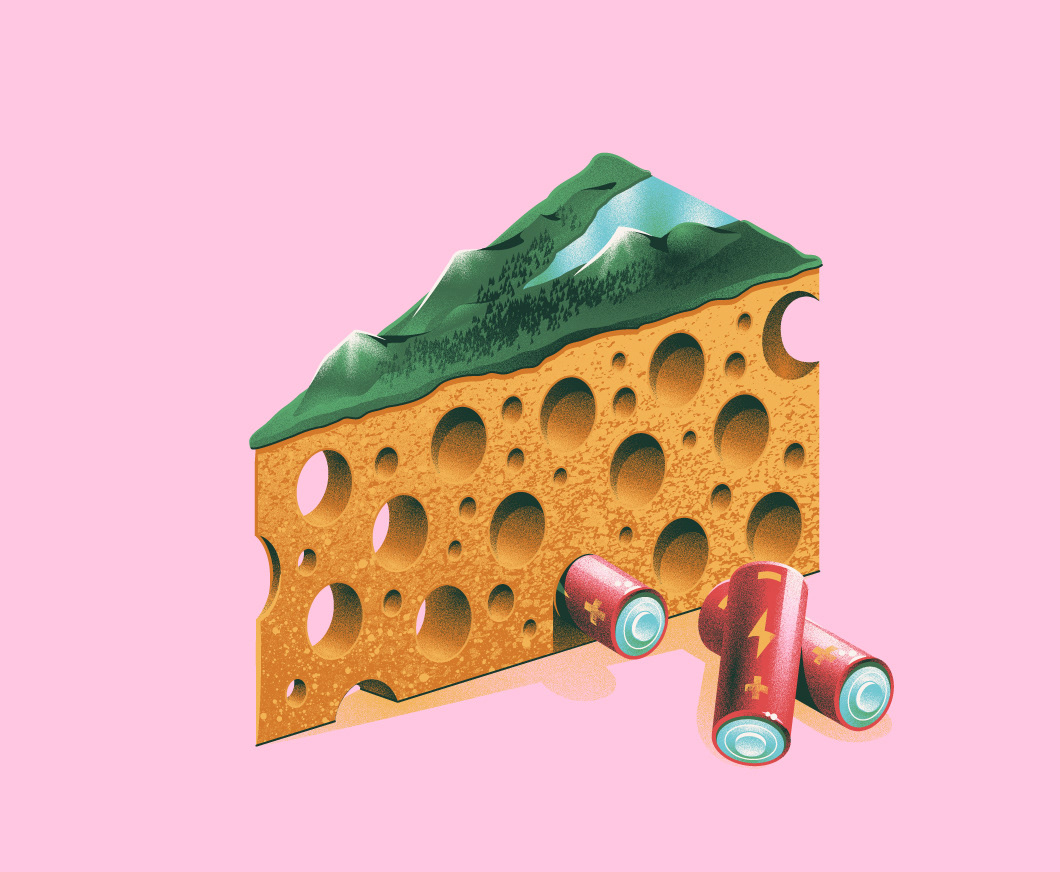 Illustration of a piece of cheese, batteries ploping out of the holes. The top of the piece is covered by a tiny landscape.