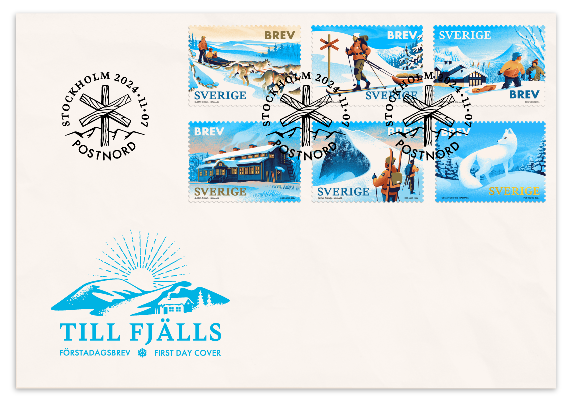Vector illustrated stamps on an envelope, in a retro inspired style, showing winter themed activities in the north of Sweden.