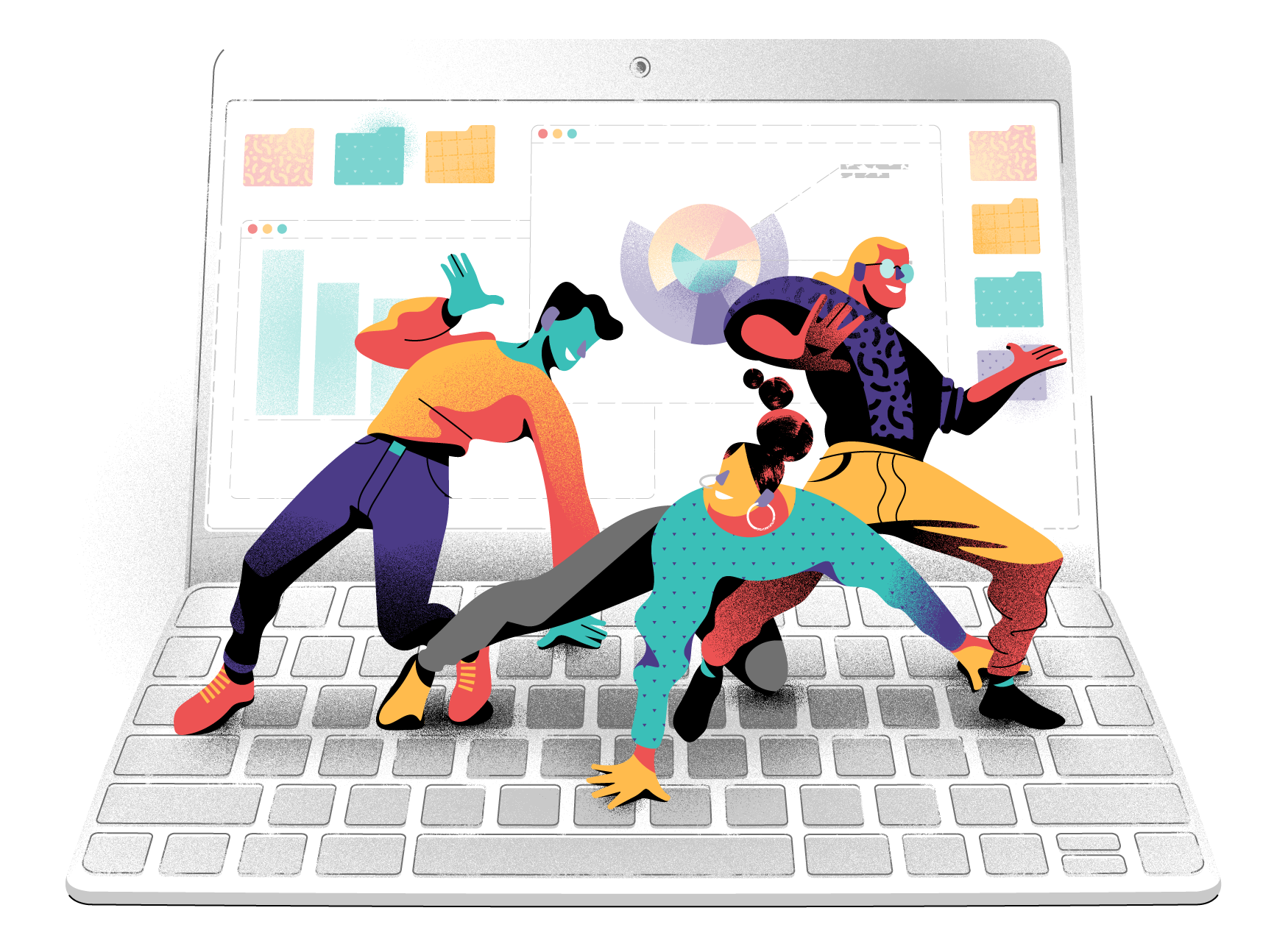 Colorful and bold illustration of three people playing twister, on the keyboard of a gigantic laptop.