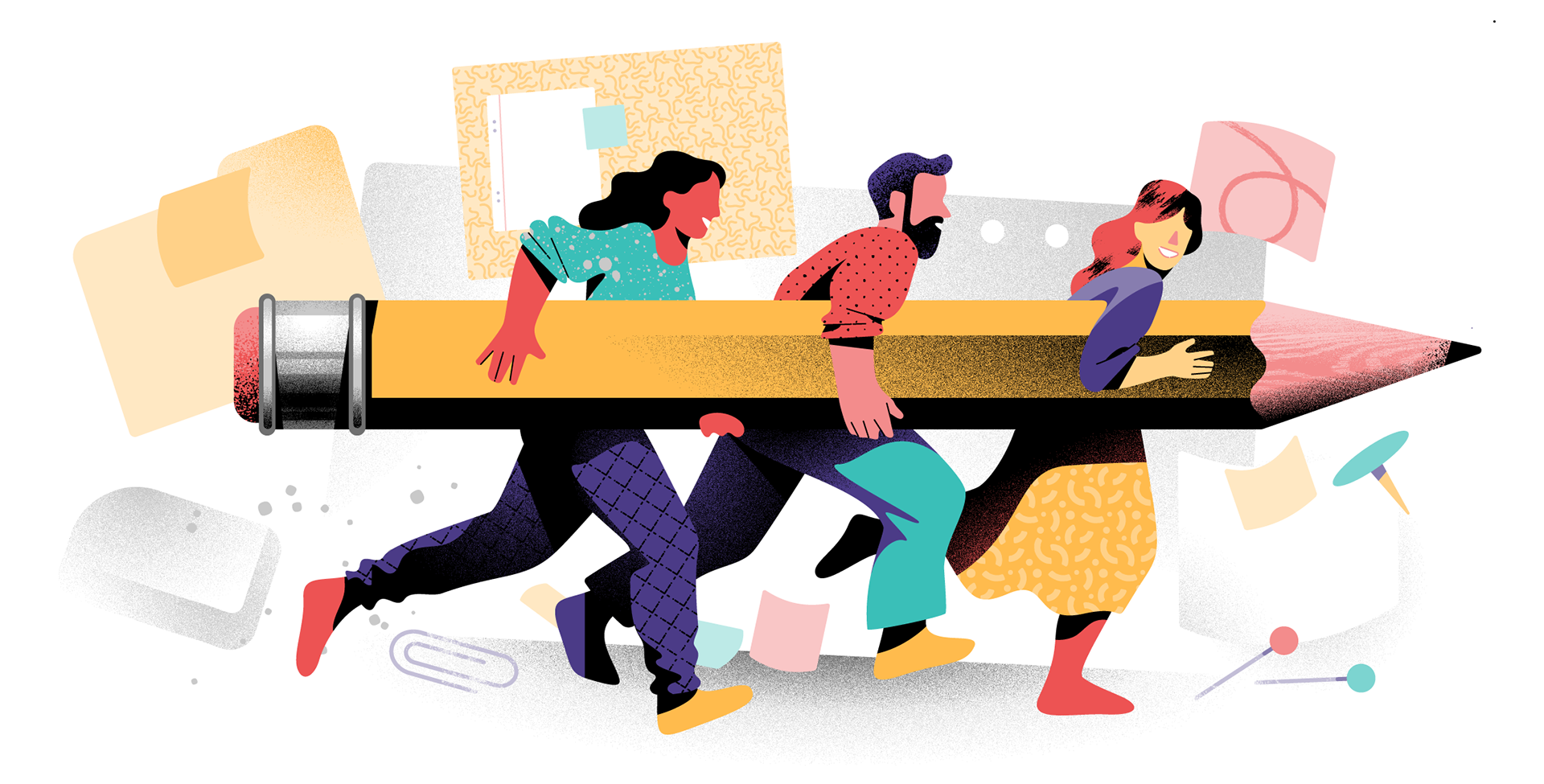 Colorful and bold illustration of three people running, holding a big yellow pencil between them like a ram.