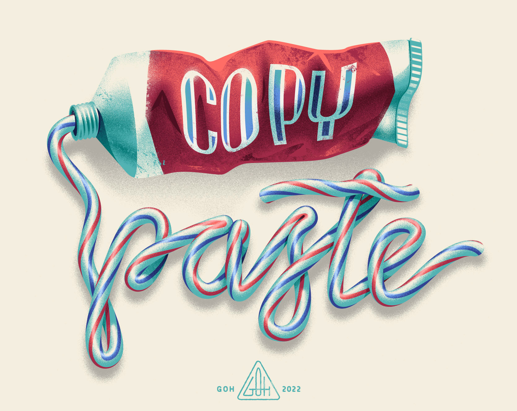 Retro styled illustration of a tooth paste tube with the word copy on it, squeezing out tooth paste forming the word paste.