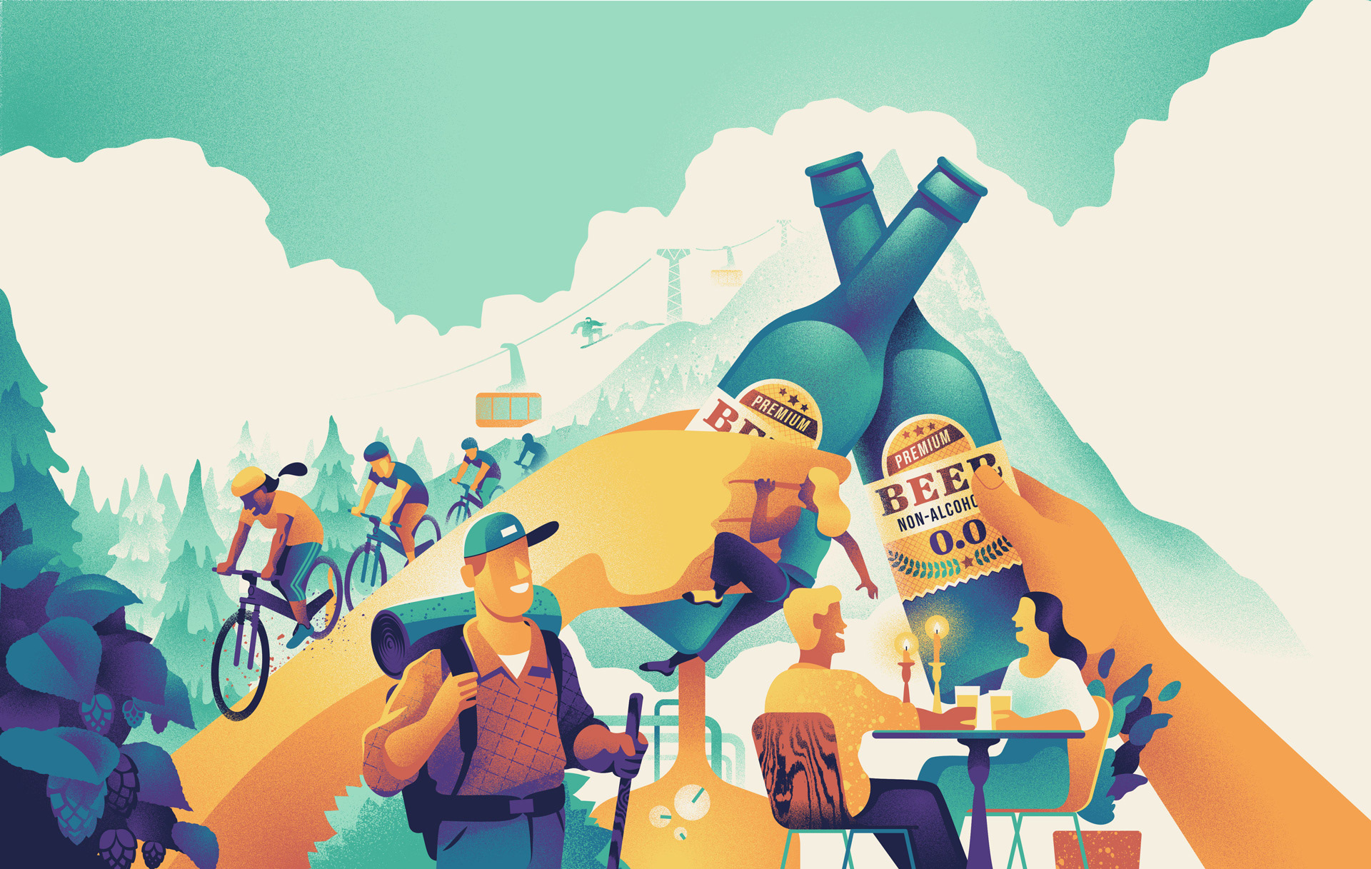 Komplex illustration of two big non-alcoholic beer bottles, surrounded by people engaged in sports and conversation.