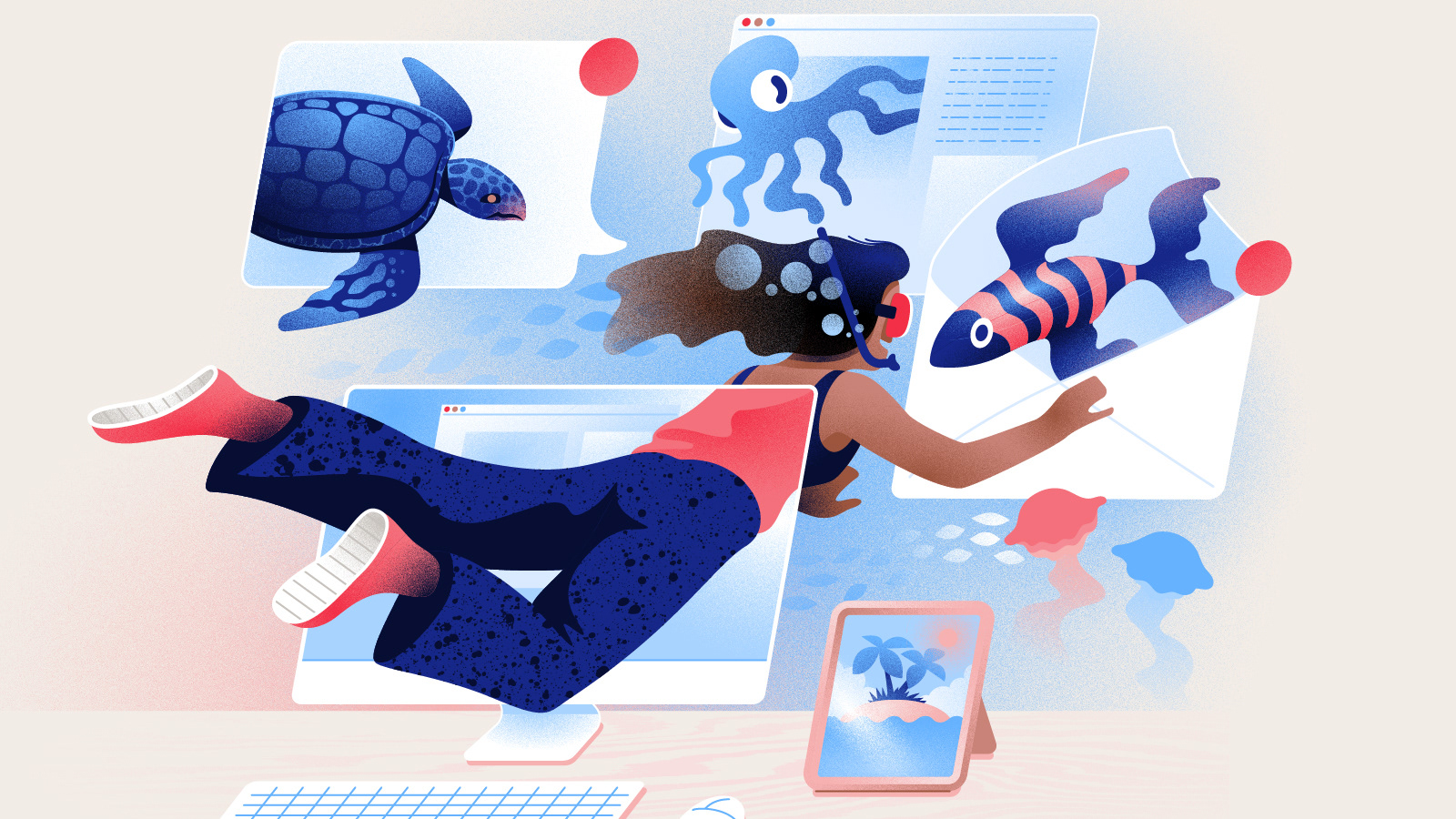 Colorful retro styled illustration of a woman swimming through her computer screen, entering an under water fantasy world.