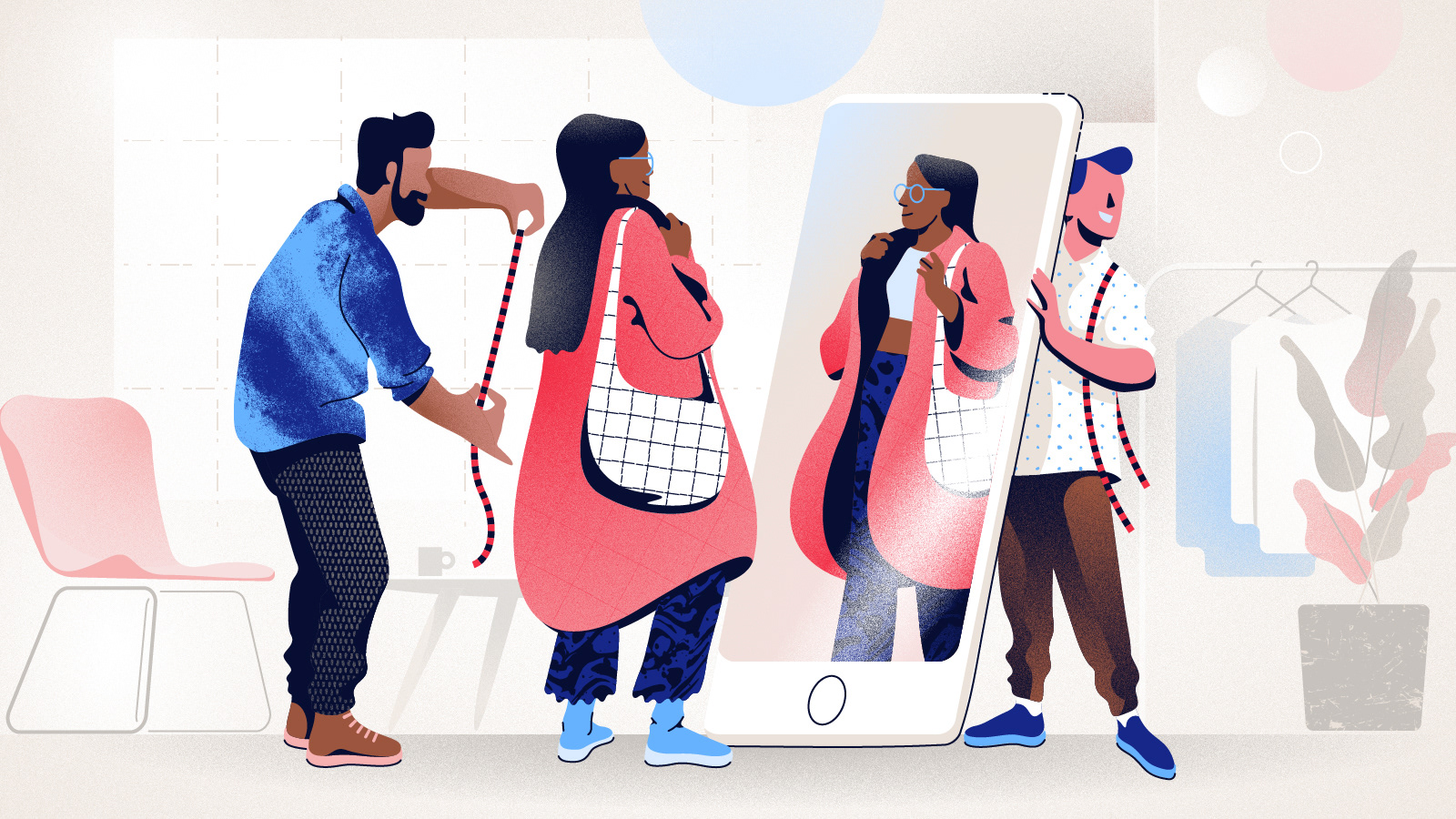 Colorful retro styled illustration of a woman in a dressing room, looking in a mirror the shape of an iPhone.