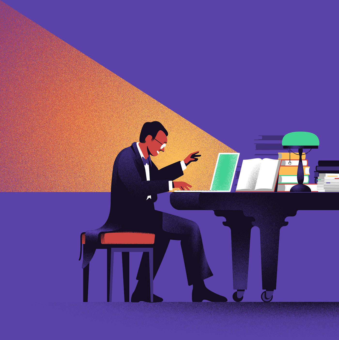 Illustration of a man composing on a grand piano, but the keyboard is replaced with a laptop.