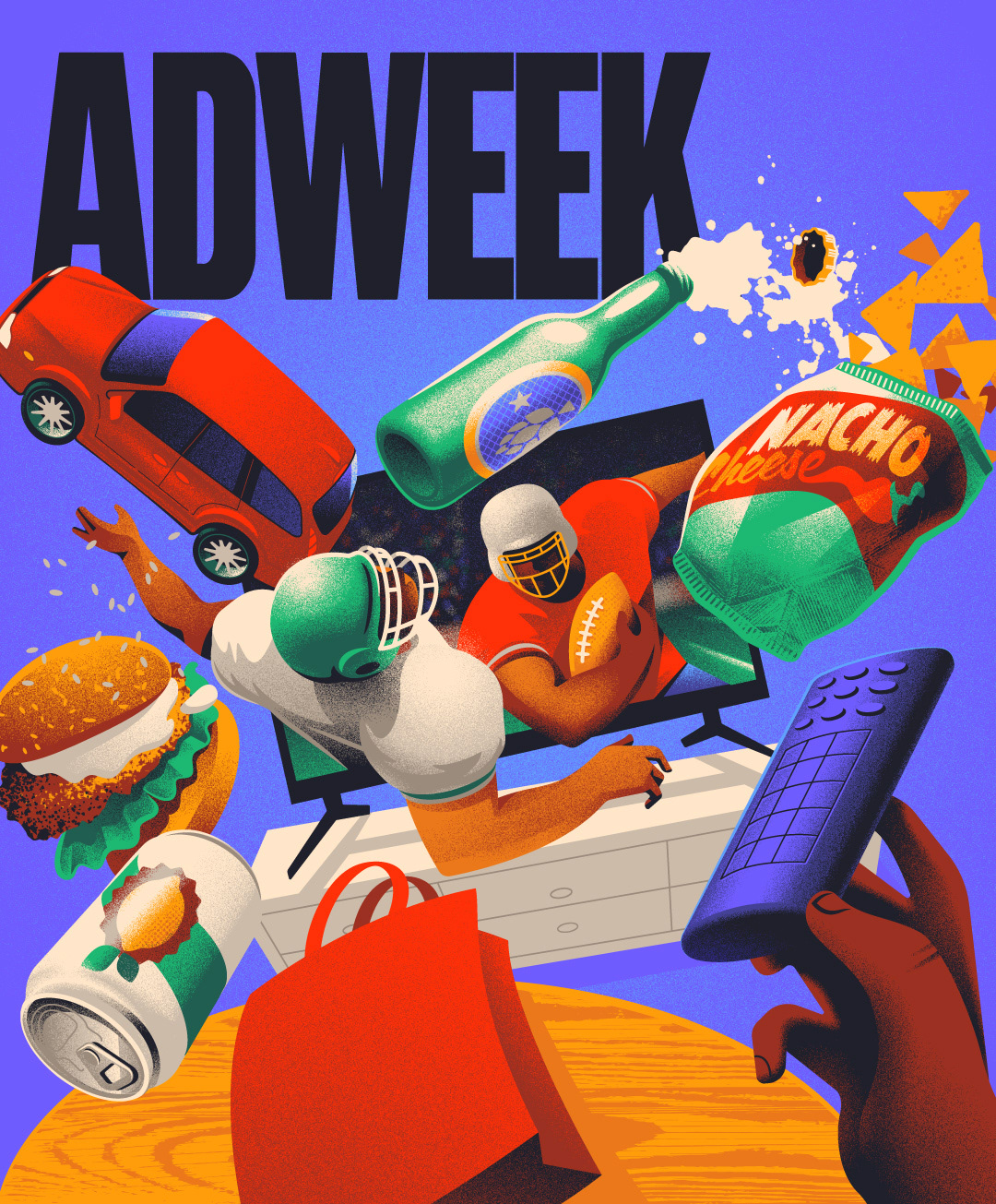 Illustrated magazine cover with football players bursting out of a TV, causing snacks to fly around in a chaotic fashion.
