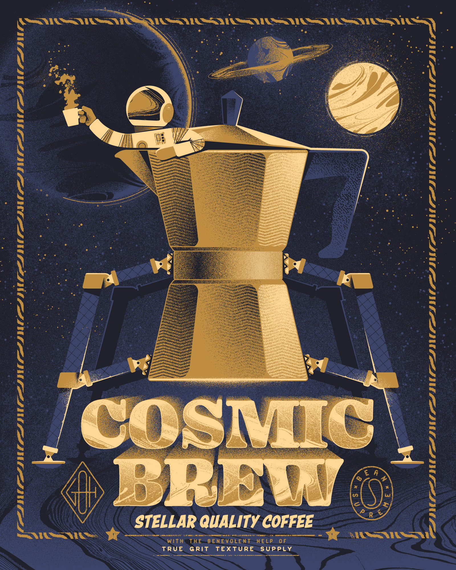 Retro inspired poster of an astronaut peeking out of a moon lander shaped like a moka pot, cheering with a cup of coffee.
