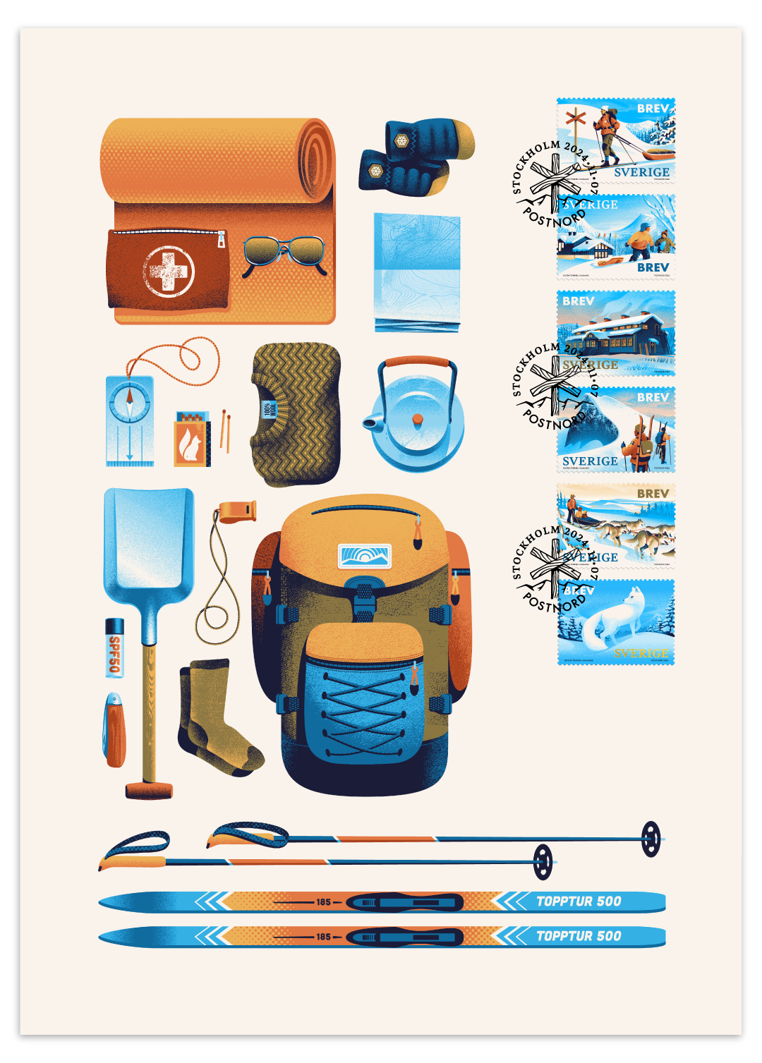 Vector illustrations in a retro inspired style, showing things to pack for a ski trip in the winter