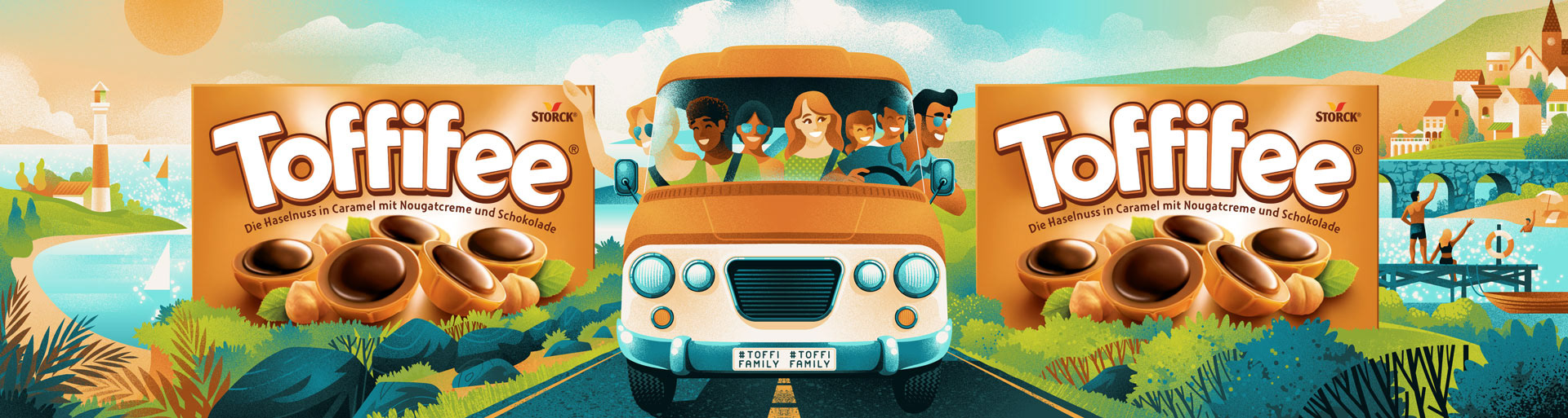 Packaging illustration with a camper van, a happy family driving through a beautiful stretch of the European countryside. 
