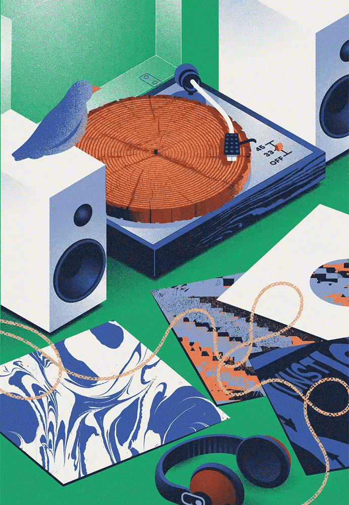 Illustration of a turntable with a cross section of a tree spinning instead of a record, the tree rings forming the grooves.