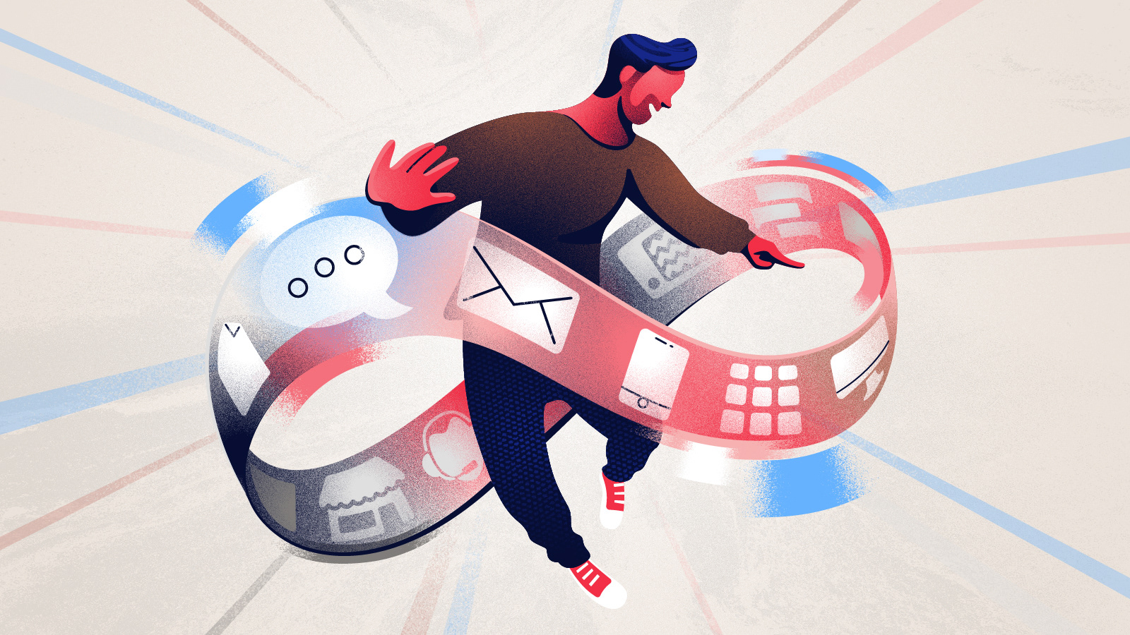 Colorful retro styled illustration of a man floating mid-air in a swirl of app icons, excitedly pointing to one of them.