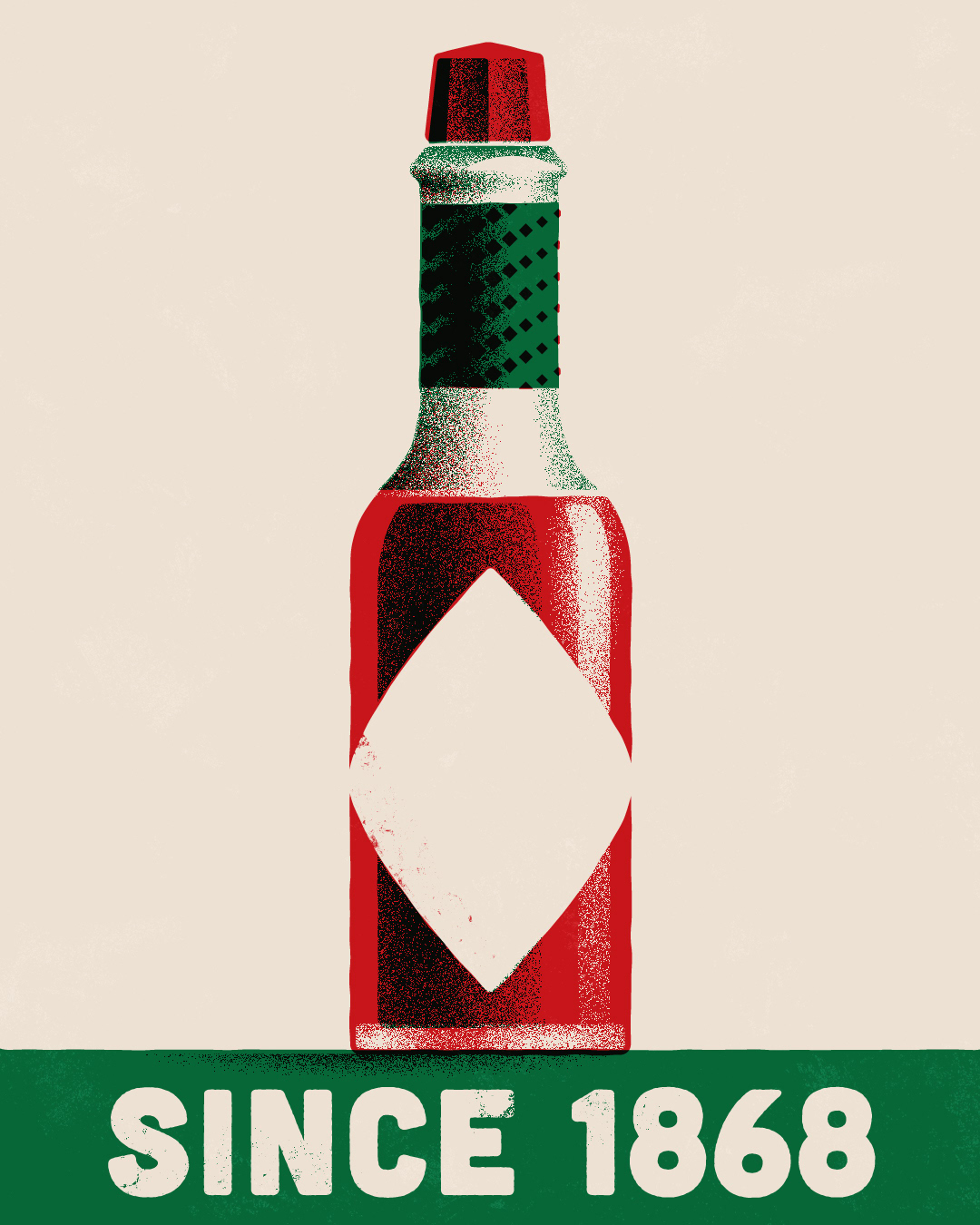 A vintage style poster showing an illustrated hot sauce bottle, rendered in a minimalistic retro style.