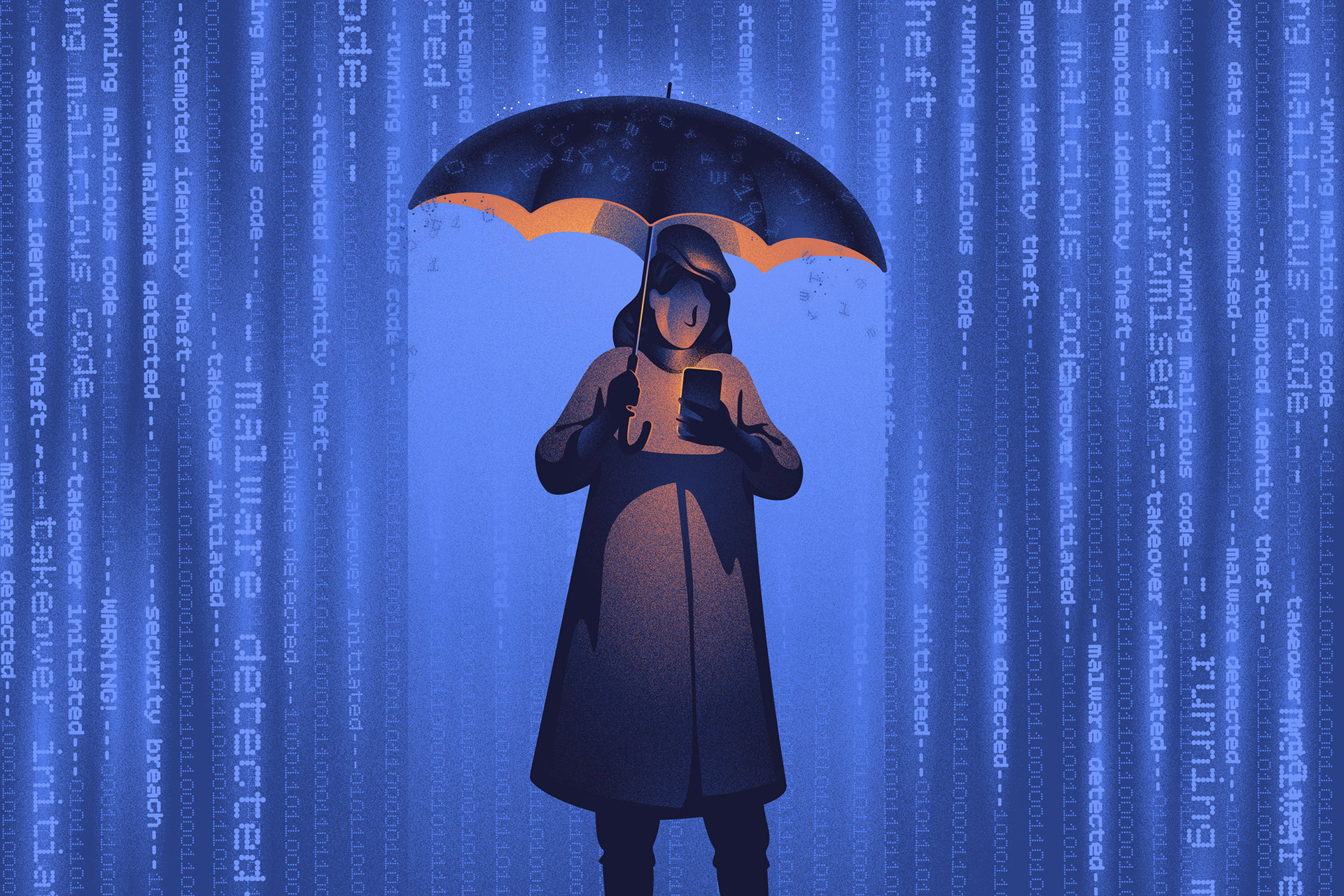 Illustration of a woman holding an umbrella, protecting her from malicious code falling down like rain all around her.