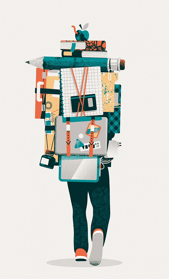 Illustrated and animated gif loop of a person seen from behind, carrying a huge packpack loaded with tools for creativity.
