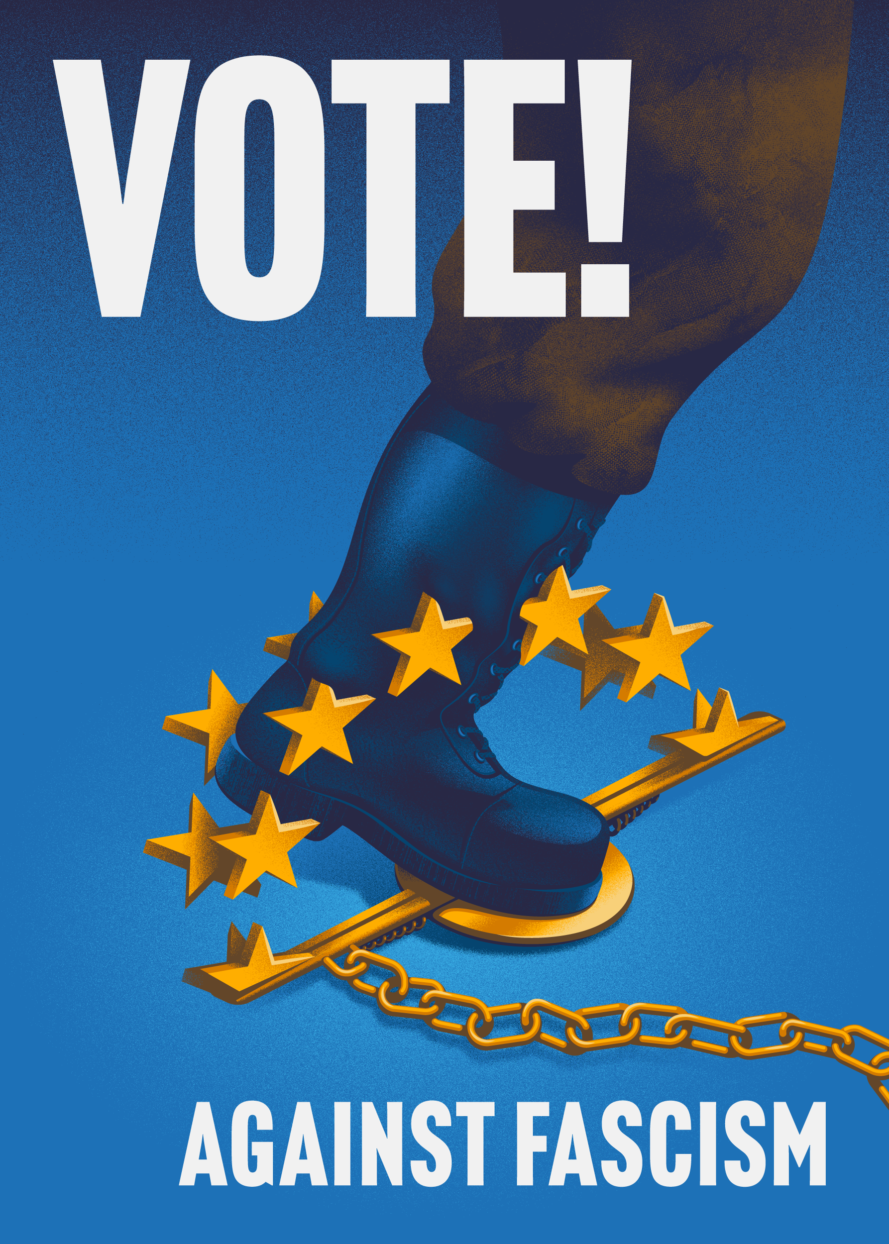 Illustrated poster showing a military boot, stepping in a bear trap made up of the stars of the EU flag.