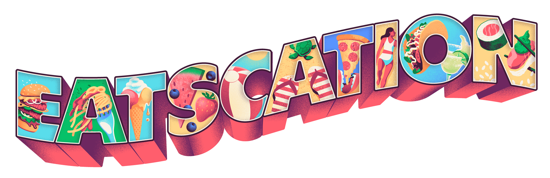 Illustrated retro 3D typography with illustrations of food, beverage and beach stuff inside the letter forms.
