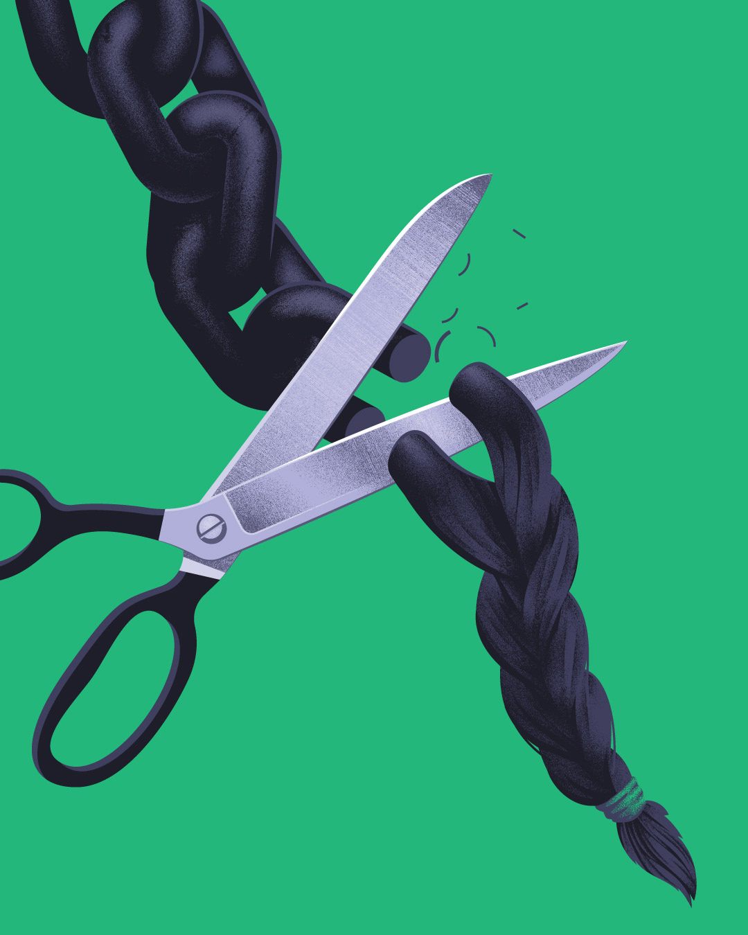 A conceptual illustration of a pair of scissors, cutting a chain that turns into a braid of hair.