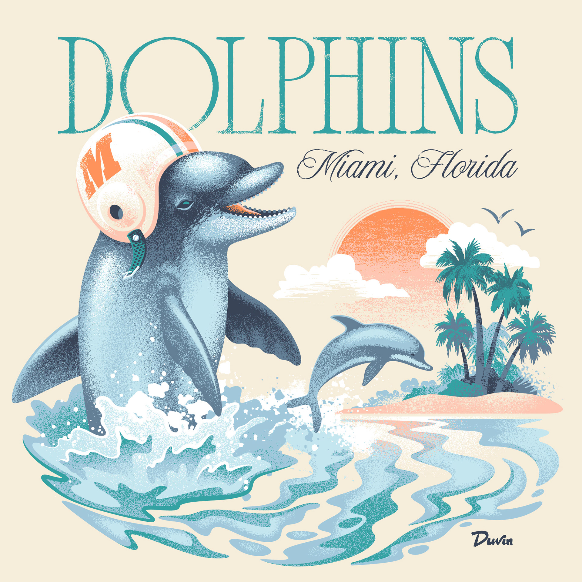 Illustration of a dolphin wearing a football helmet, upright in the water, palm trees and sunset in the background.