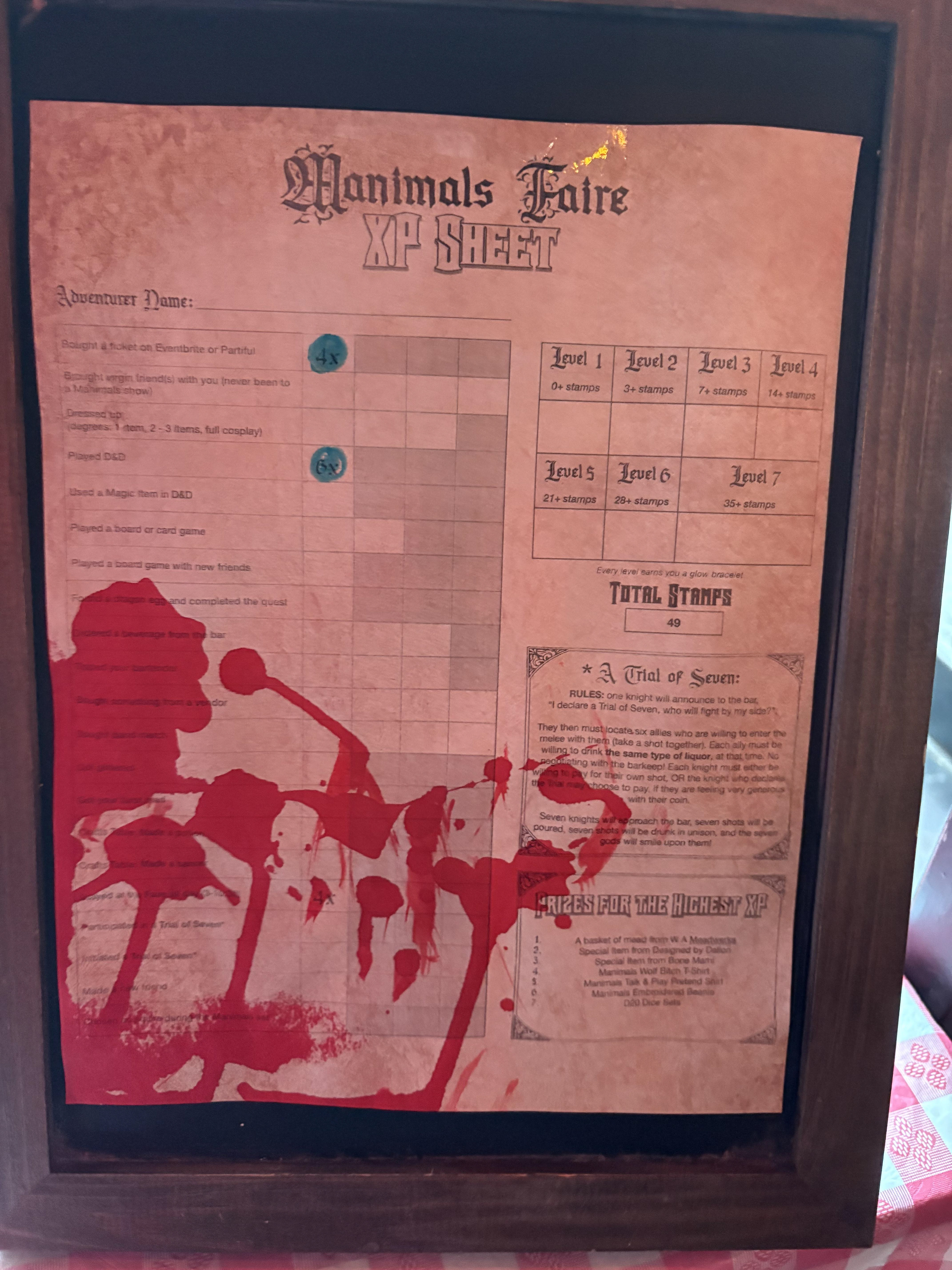 An XP Sheet to gamify participation - the blood splatter was a genuine mistake. My marker exploded. 