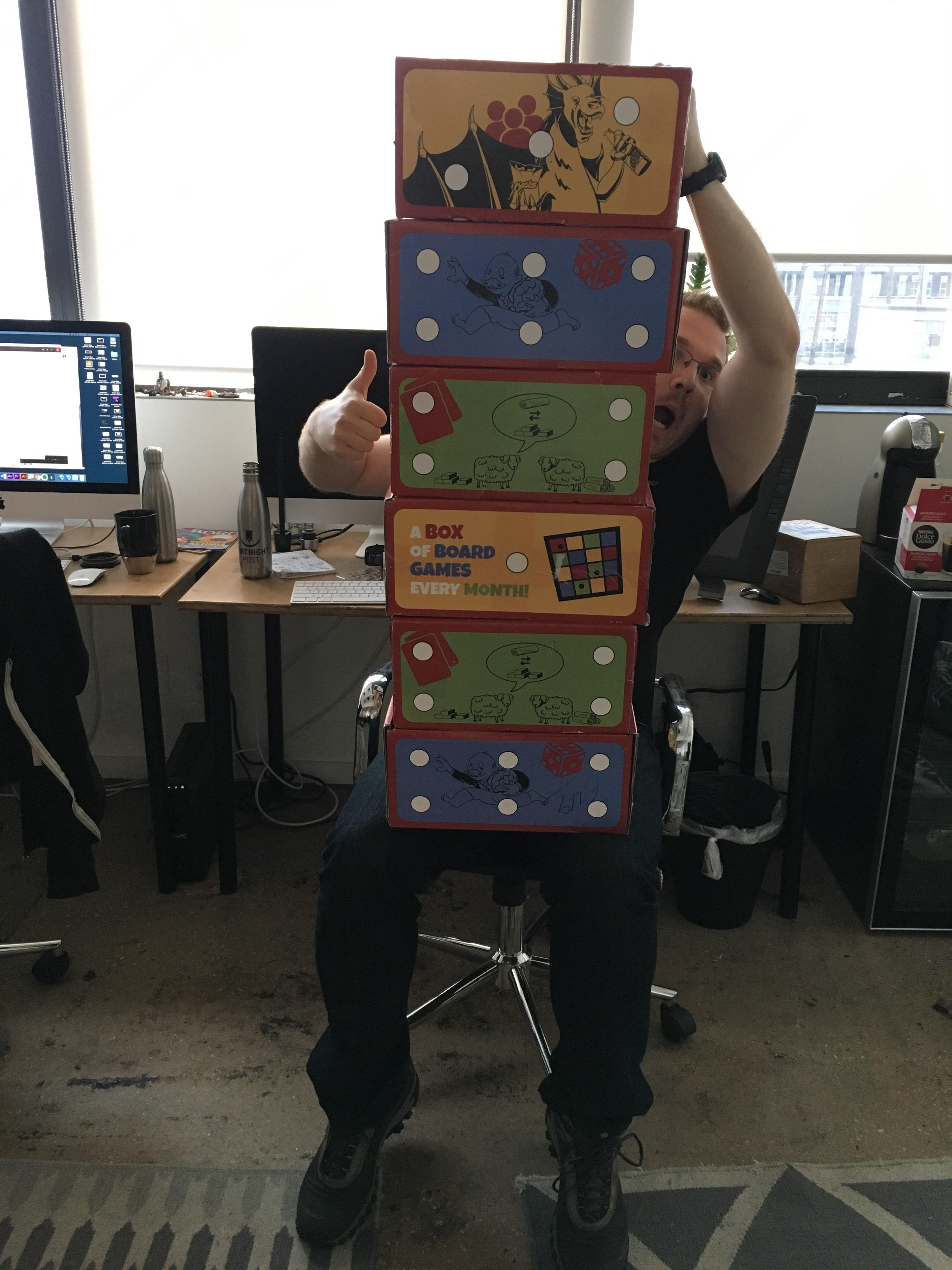 With board game prize boxes from a sponsor of Nerd Shirts Only