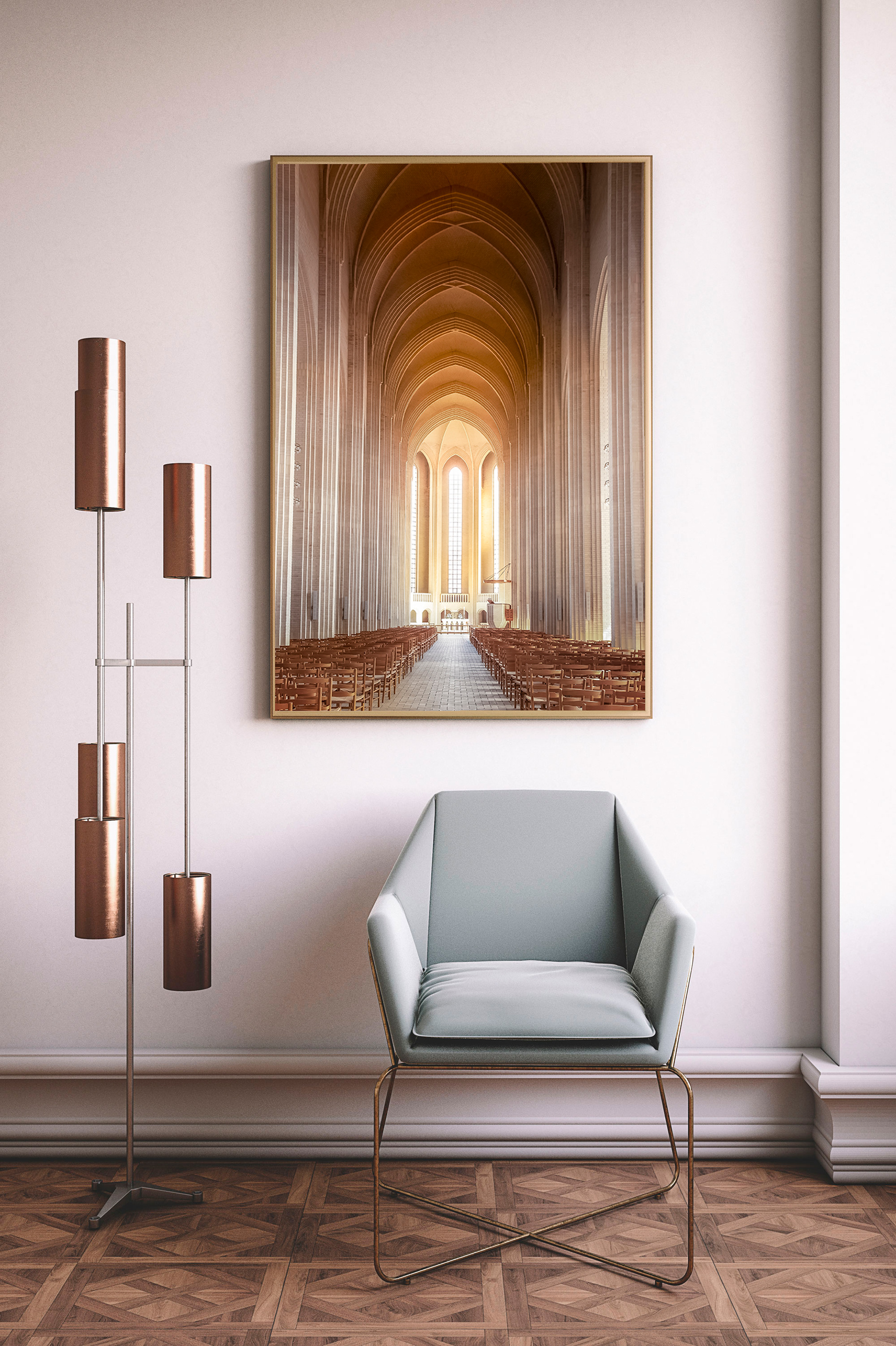 Fotokunst af Grundtvigskirken som vægkunst i bolig. Arkitektur, symmetri og lys.
