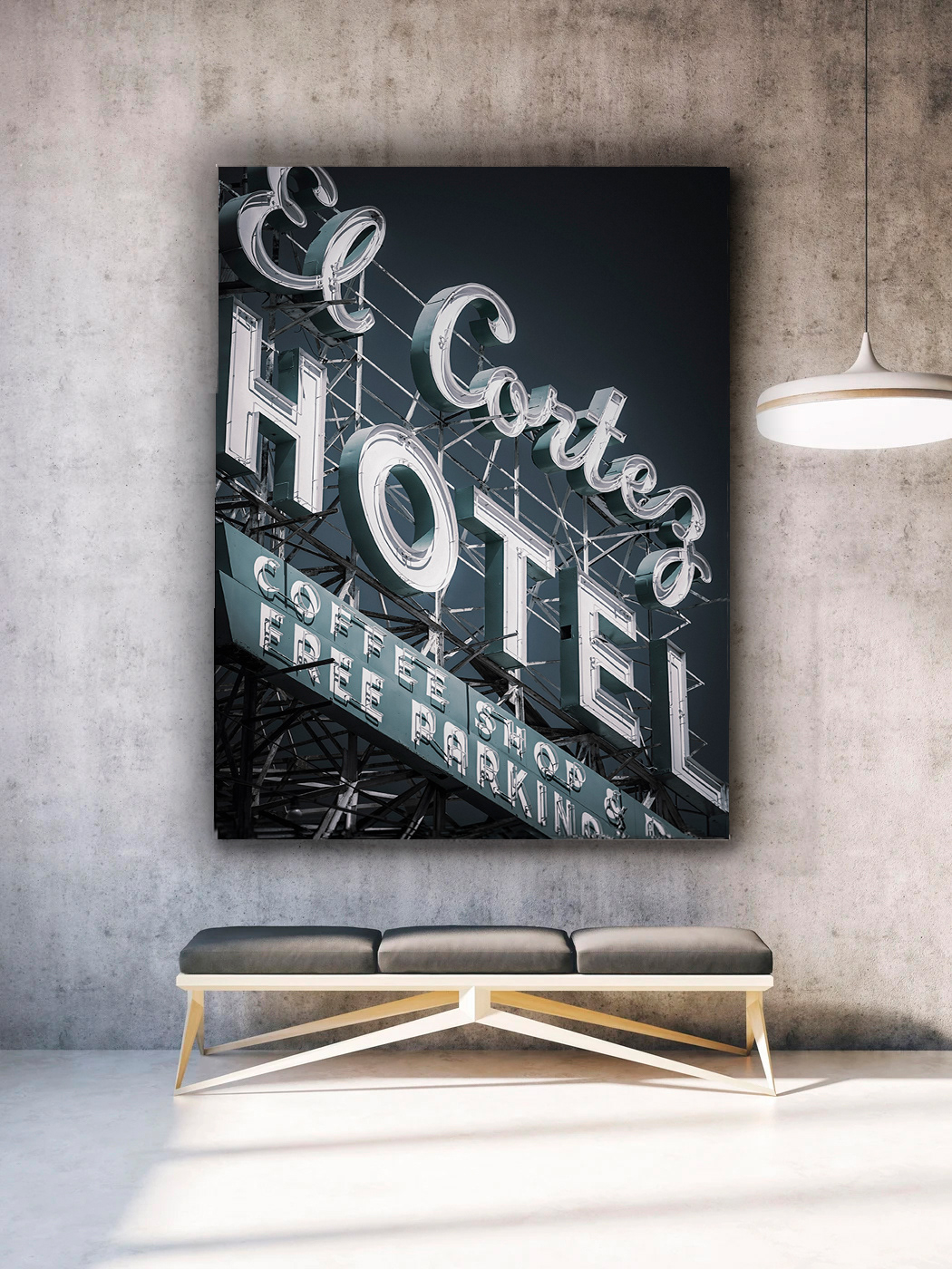 Neon fotokunst fra Las Vegas vist som vægkunst. Amerikansk kultur, motel skilte og lys i natten.