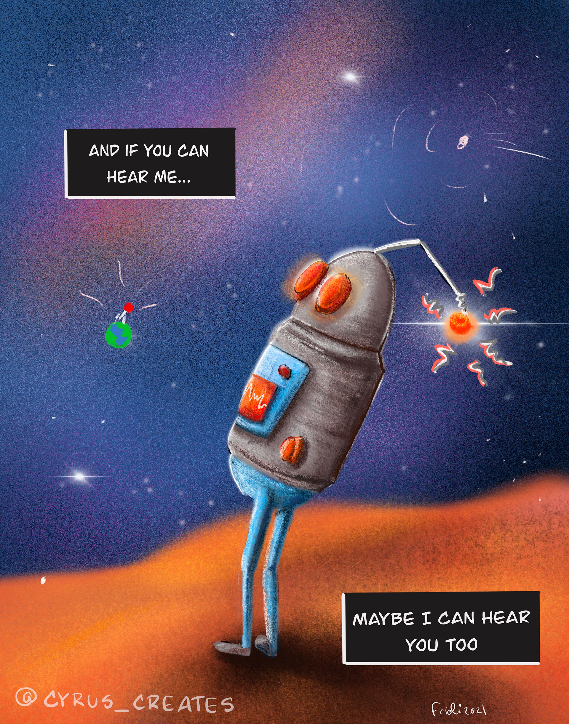 A robot elsewhere picks up on the broadcast