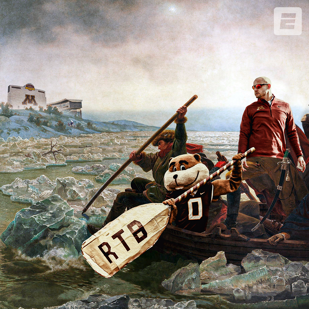 "Minnesota Coach PJ Fleck Crosses Lake Minnetonka" photoillustration